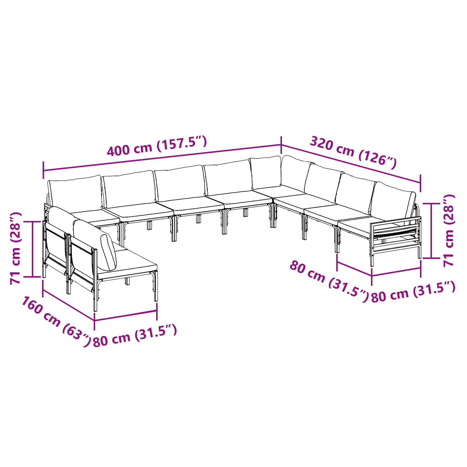 Hagesofa Set 10 pcs Antrasitt Stål