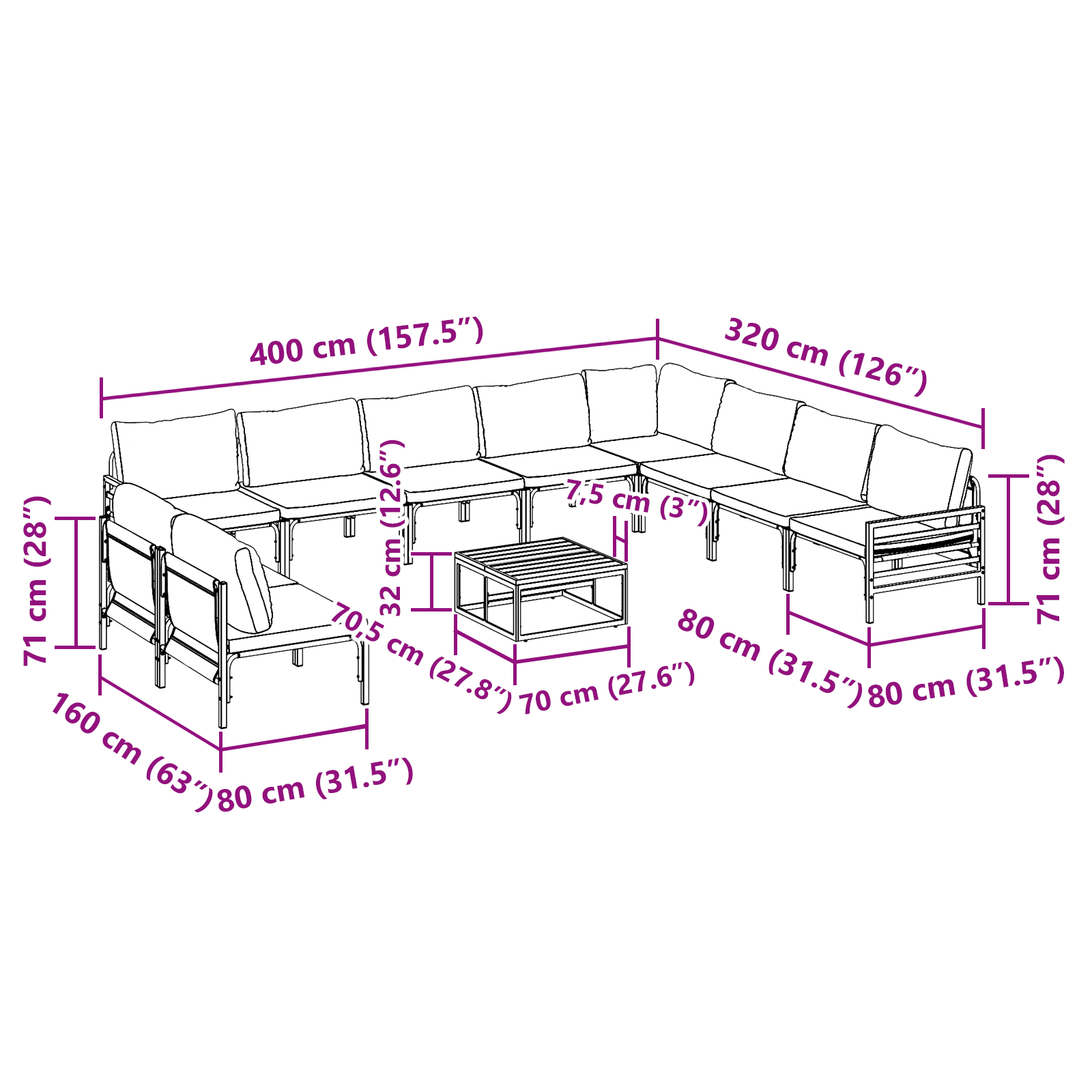 Hagesofa Set 11 pcs Antrasitt Stål