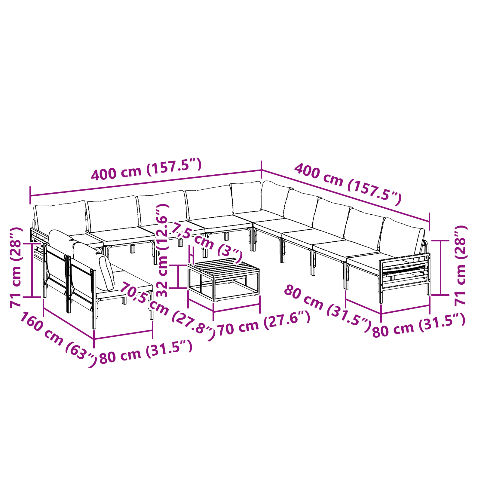 Hagesofa Set 12 pcs Antrasitt Stål