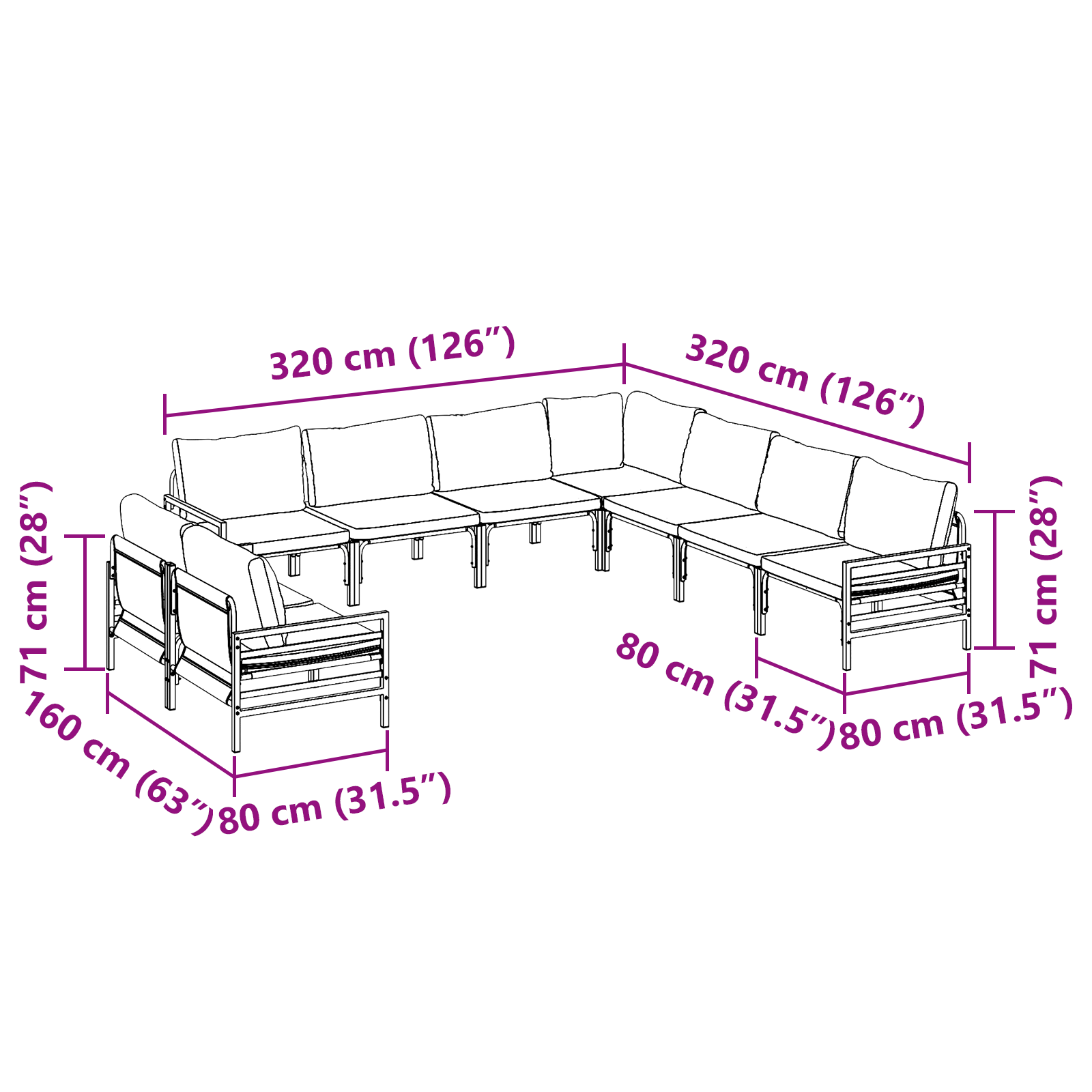 Hagesofa Set 9 pcs Antrasitt Stål