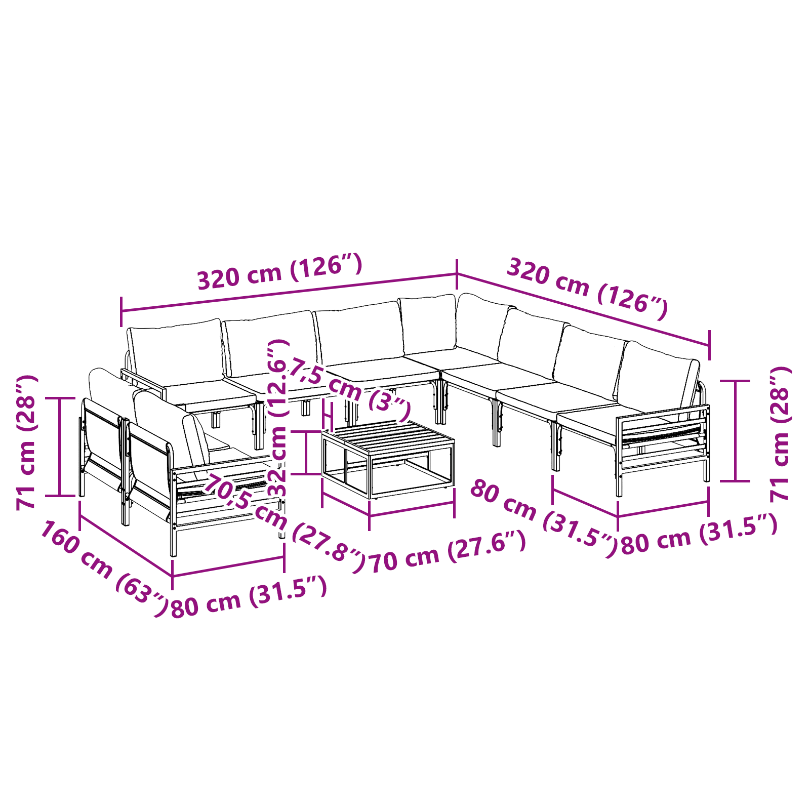 Hagesofa Set 10 pcs Antrasitt Stål