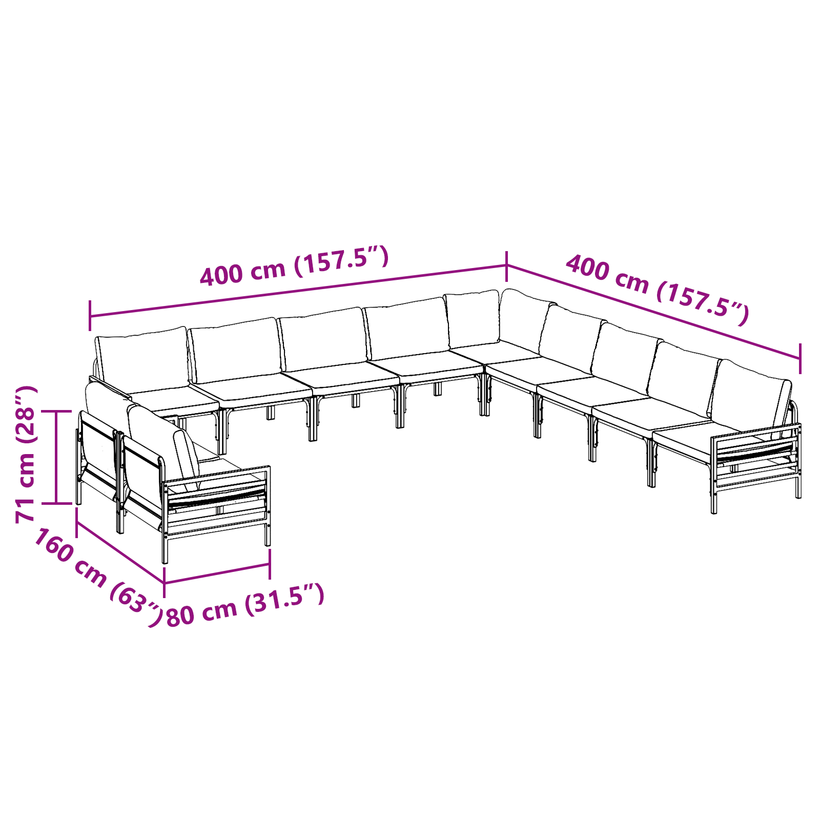 Hagesofa Set 11 pcs Antrasittgrå Stål