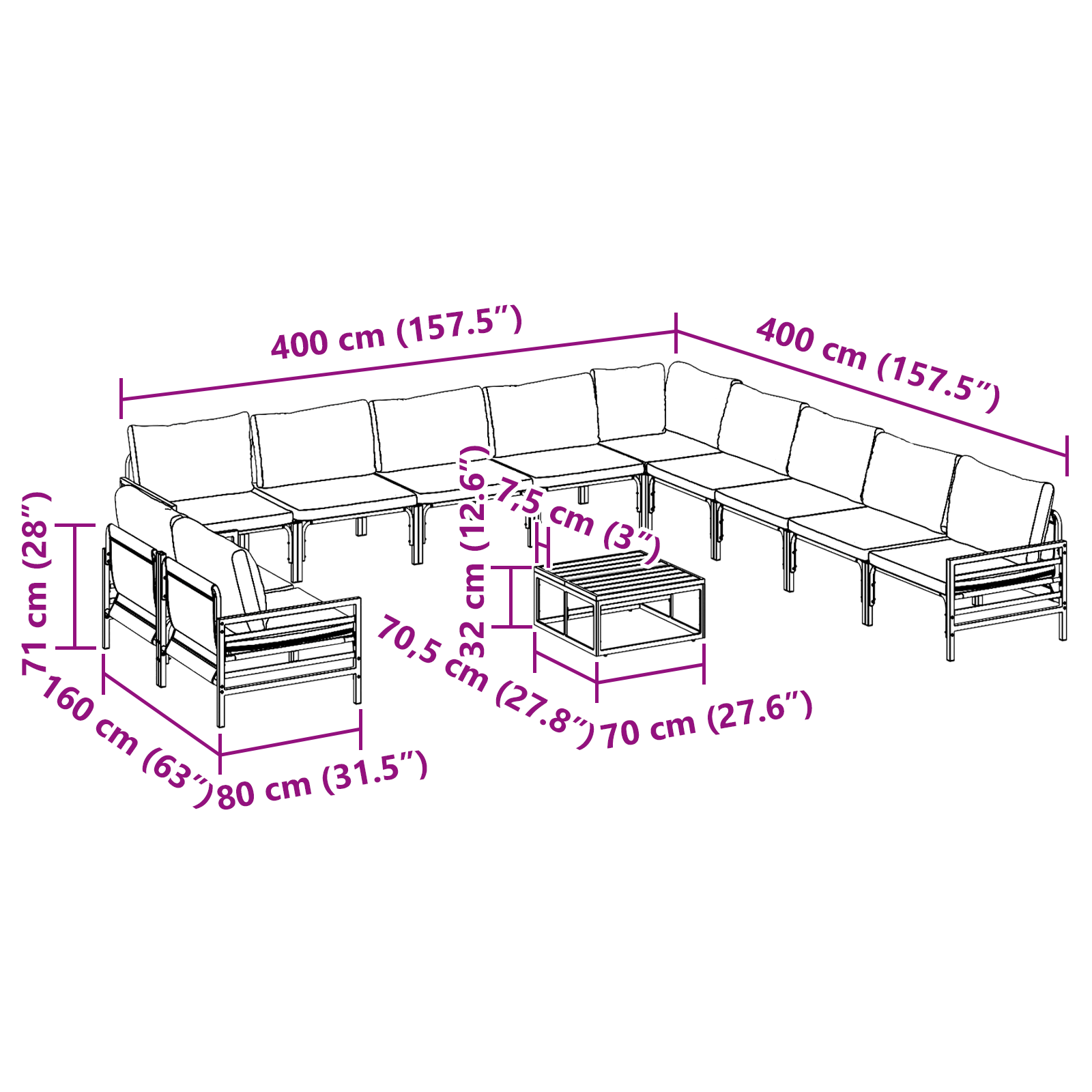 Hagesofa Set 12 pcs Antrasittgrå Stål