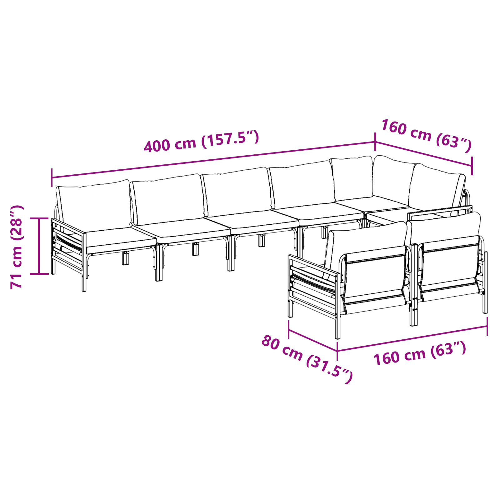 Hagesofa Set 8 pcs Antrasitt Stål