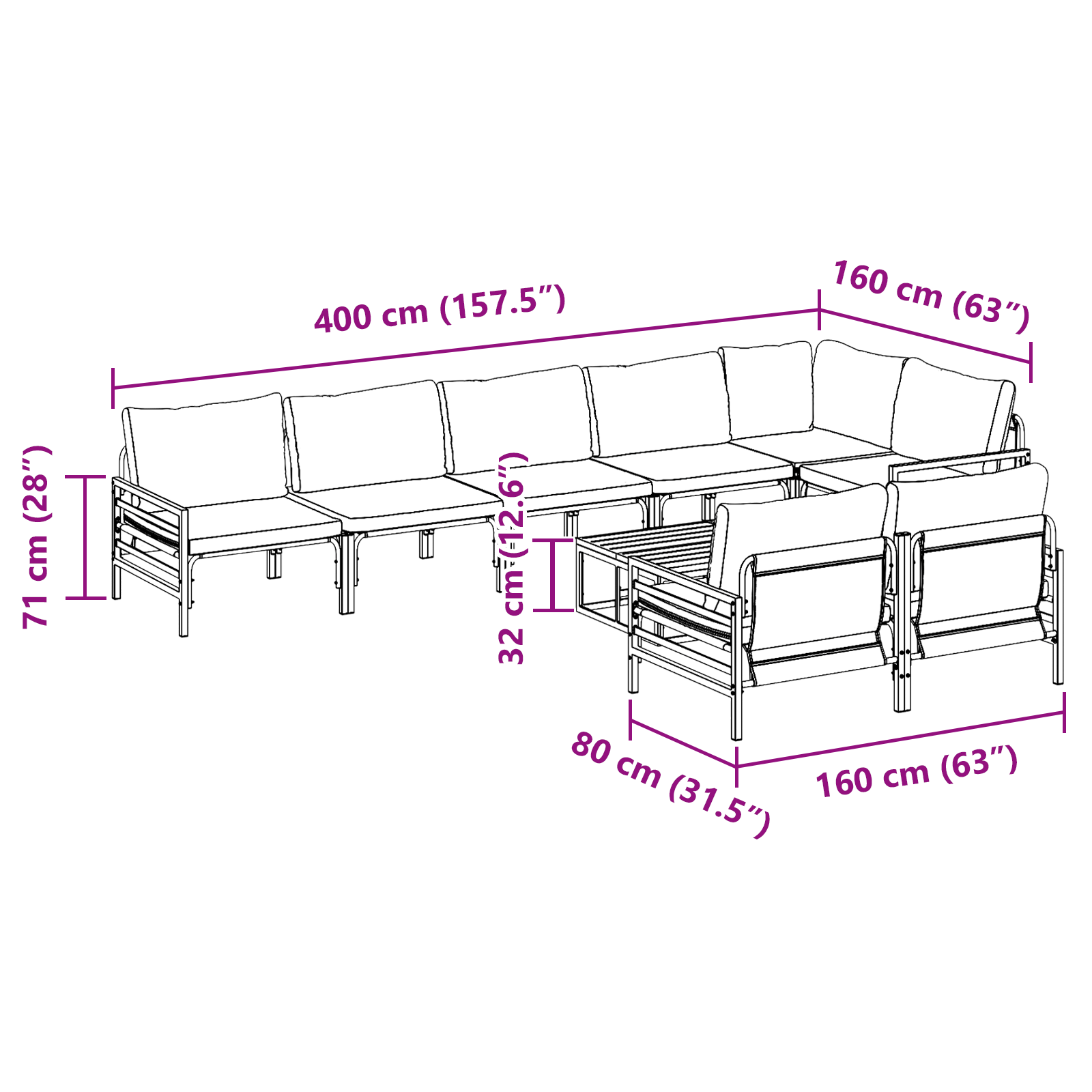 Hagesofa Set 9 pcs Antrasitt Stål