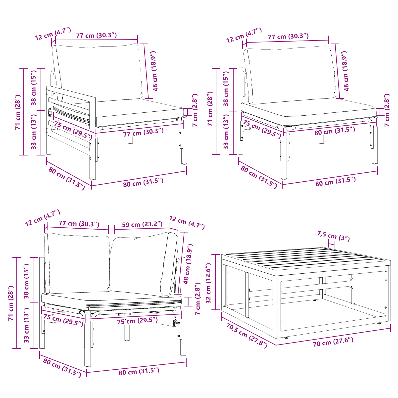 Hagesofa Set 9 pcs Antrasitt Stål