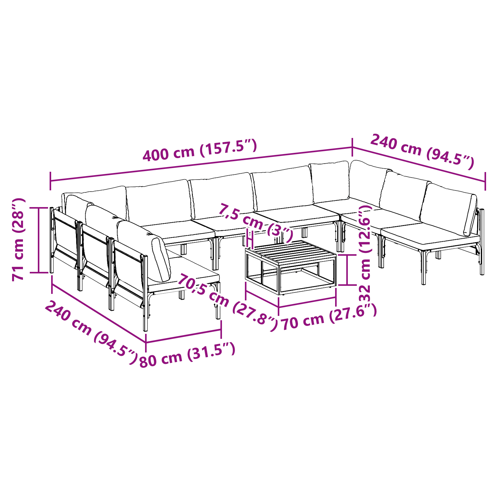 Hagesofa Set 10 pcs Antrasitt Stål