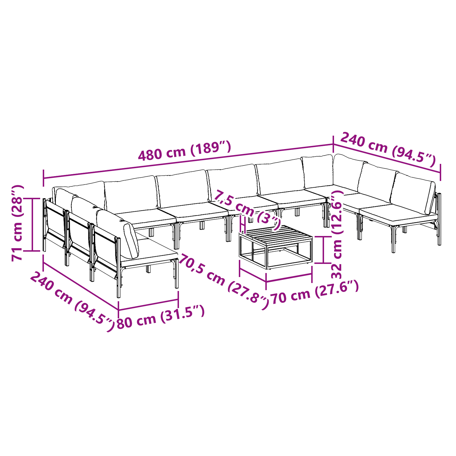 Hagesofa Set 11 pcs Antrasitt Stål