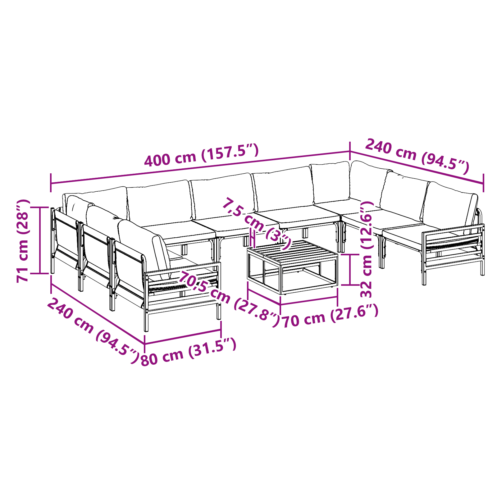 Hagesofa Set 10 pcs Antrasittgrå Stål