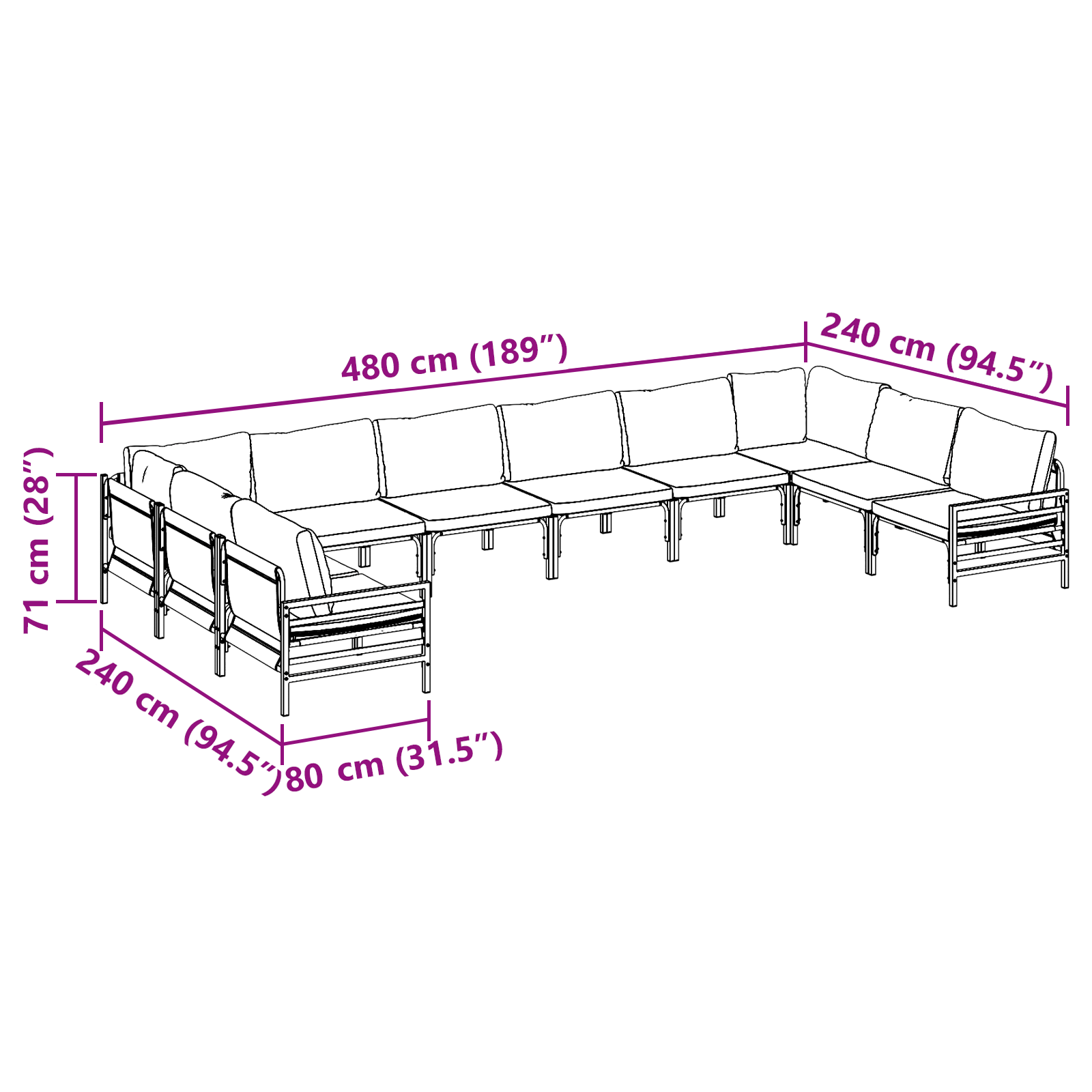 Hagesofa Set 10 pcs Antrasitt Stål