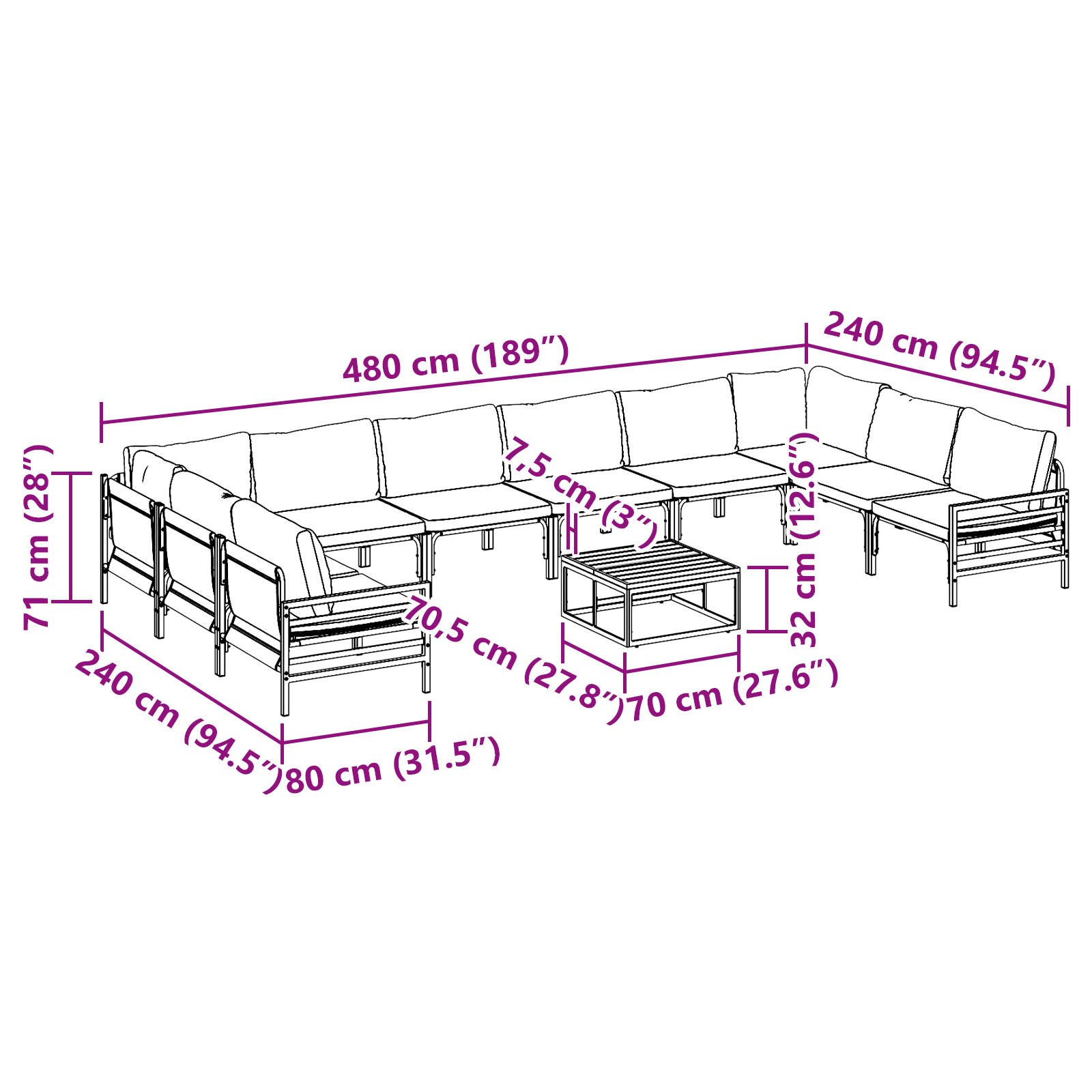 Hagesofa Set 11 pcs Antrasitt Stål