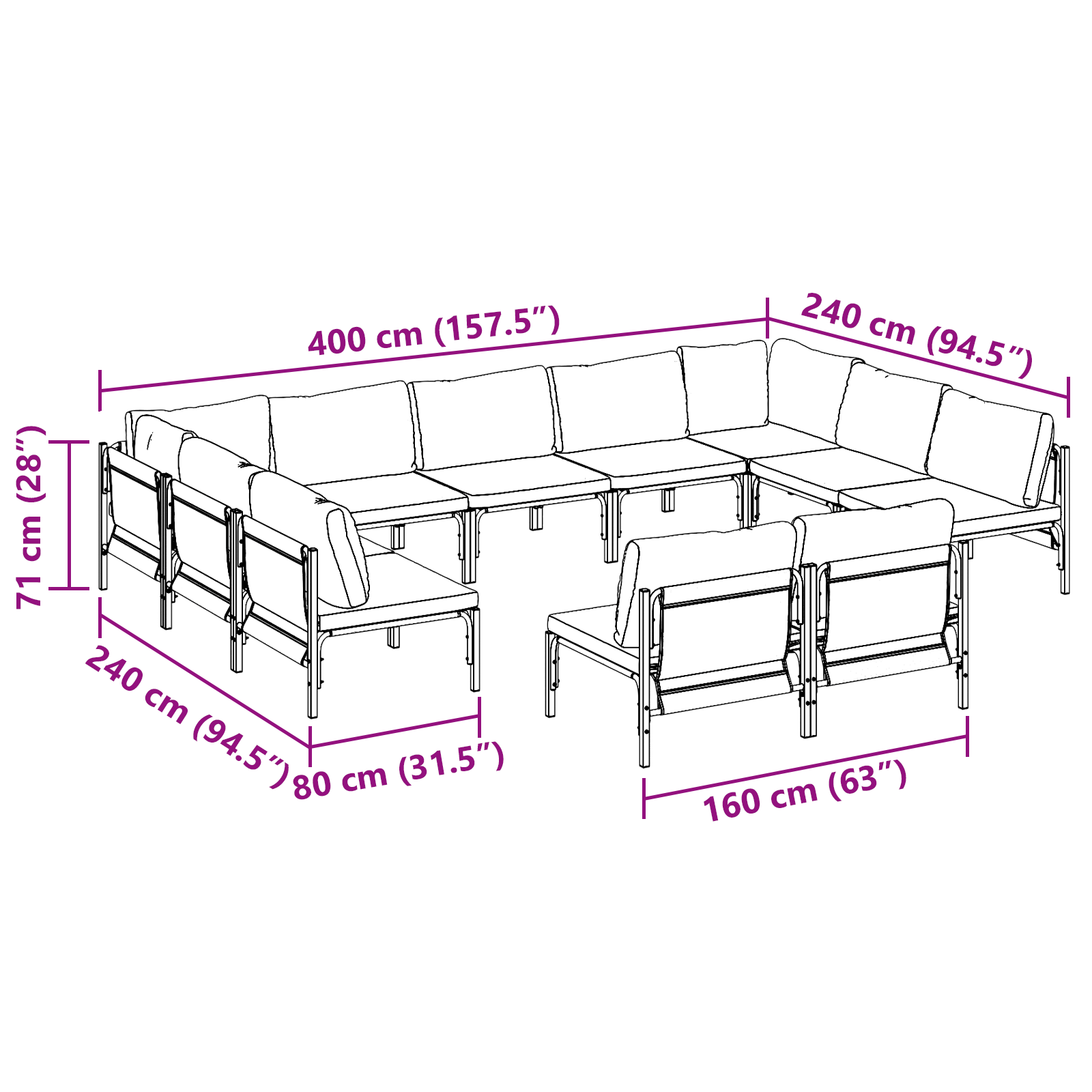 Hagesofa Set 11 pcs Antrasitt Stål