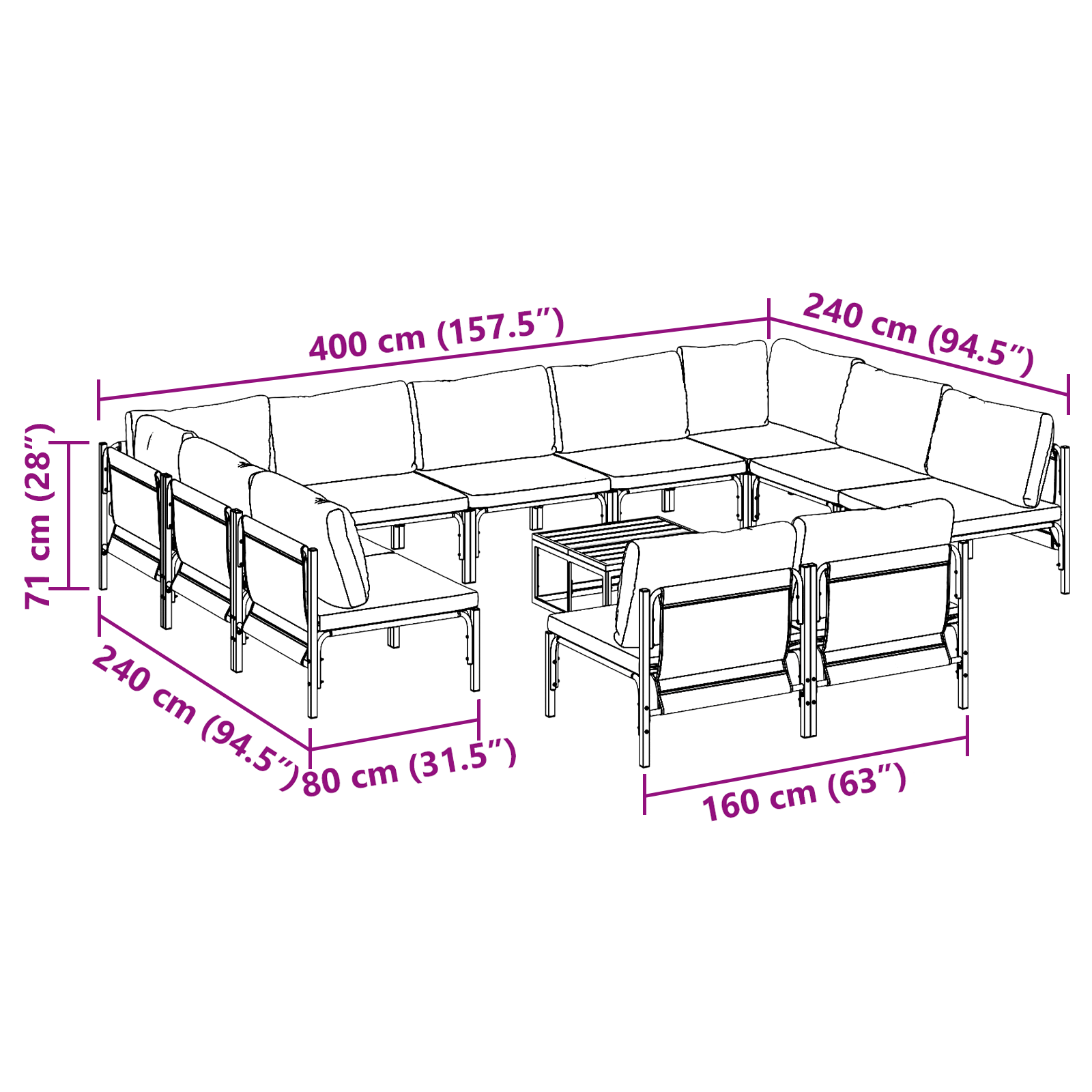 Hagesofa Set 12 pcs Antrasitt Stål