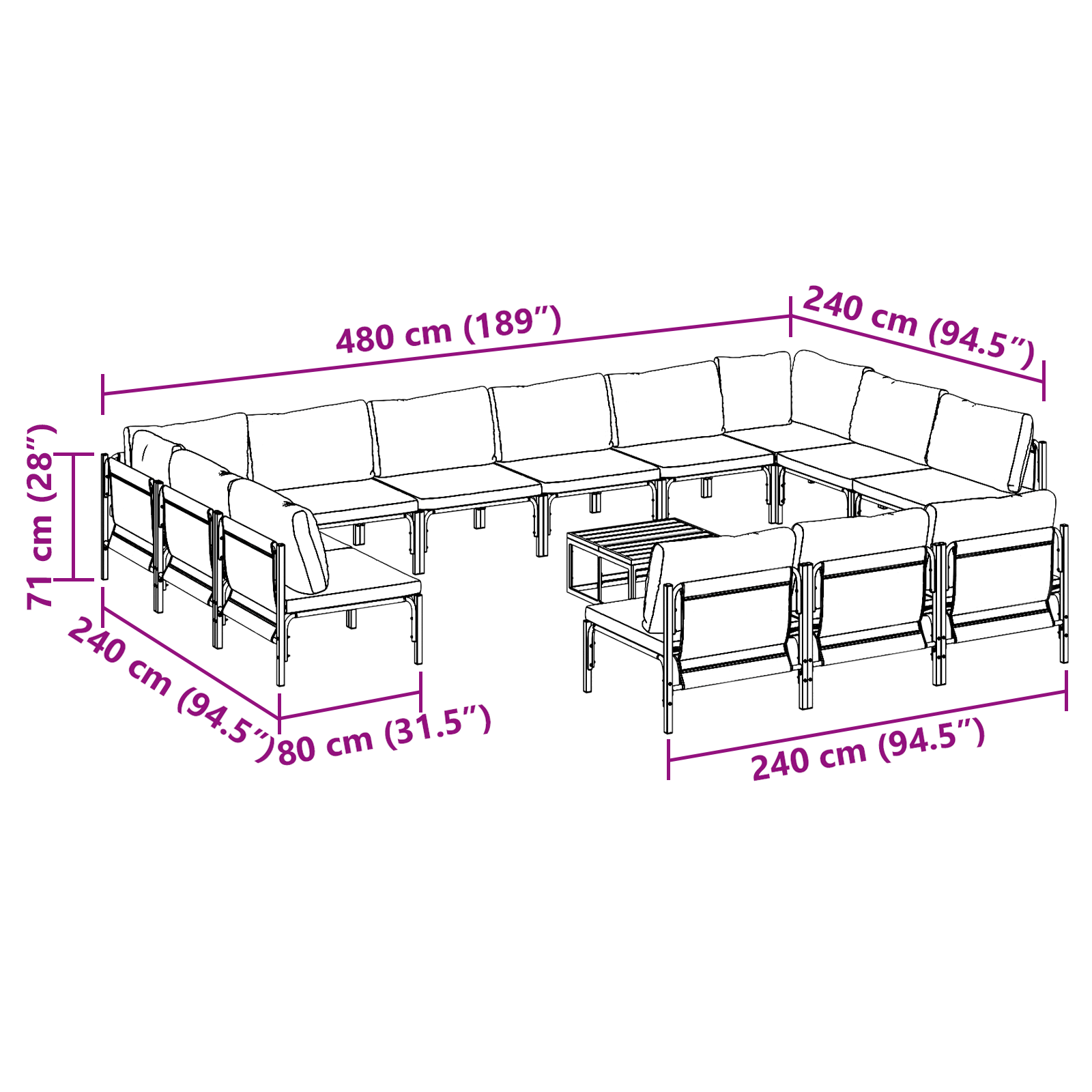 Hagesofa Set 14 pcs Antrasitt Stål