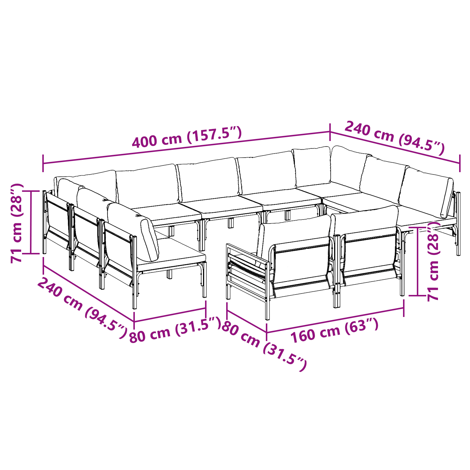 Hagesofa Set 11 pcs Antrasitt Stål
