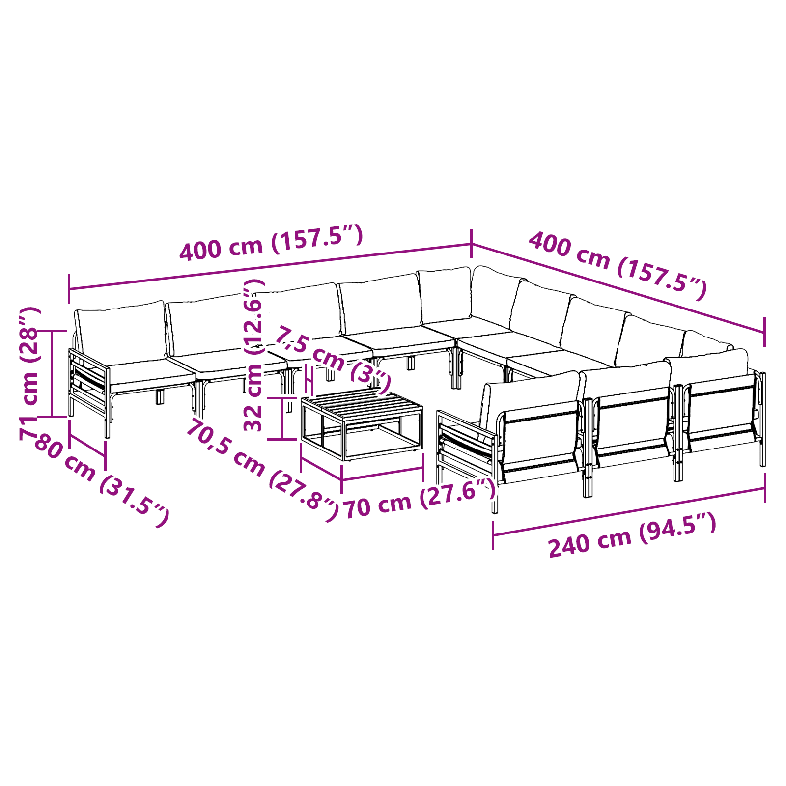 Hagesofa Set 12 pcs Antrasitt Stål