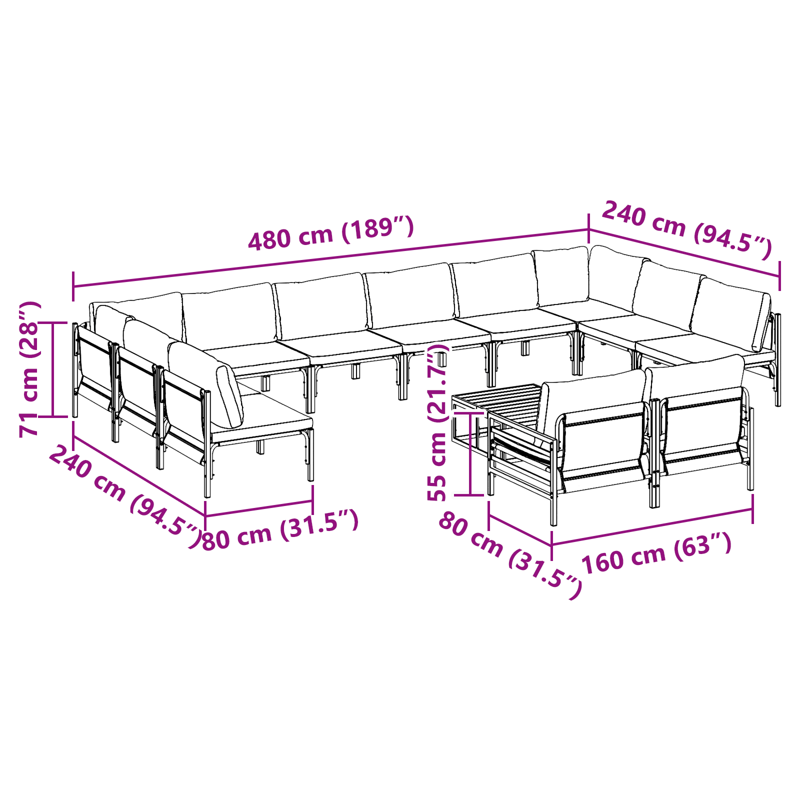 Hagesofa Set 13 pcs Antrasitt Stål