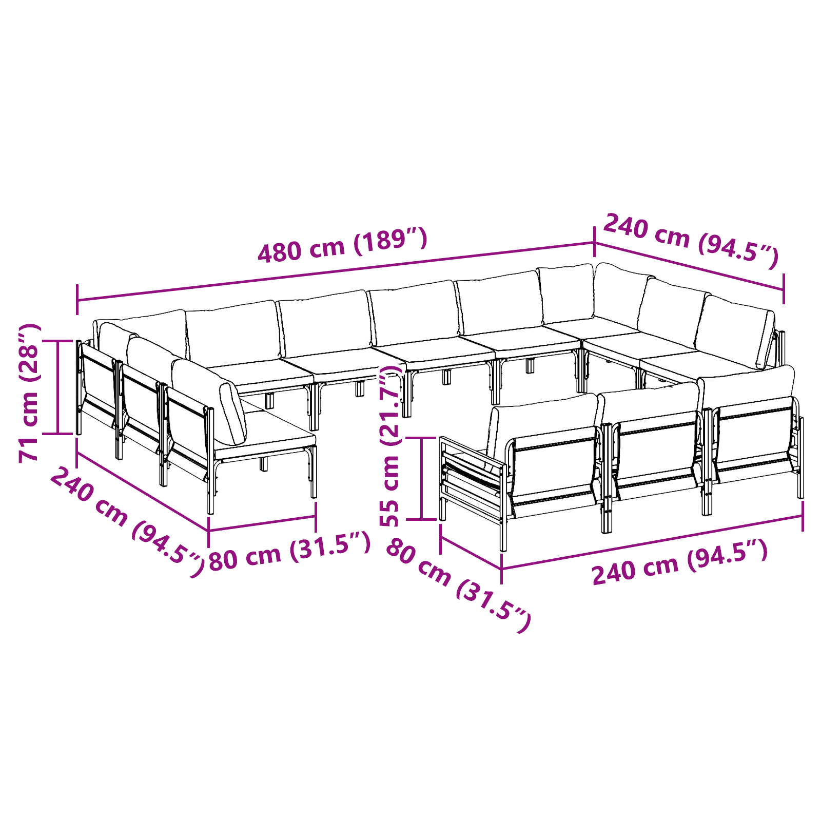 Hagesofa Set 13 pcs Antrasitt Stål