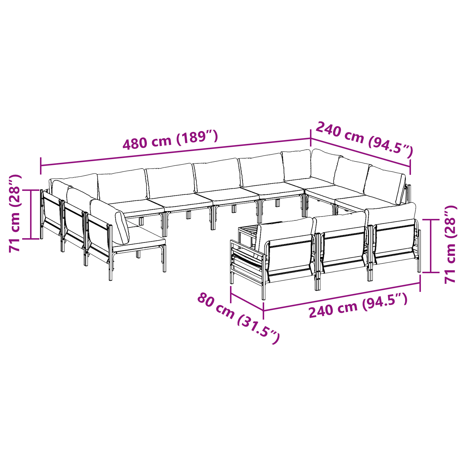 Hagesofa Set 14 pcs Antrasitt Stål