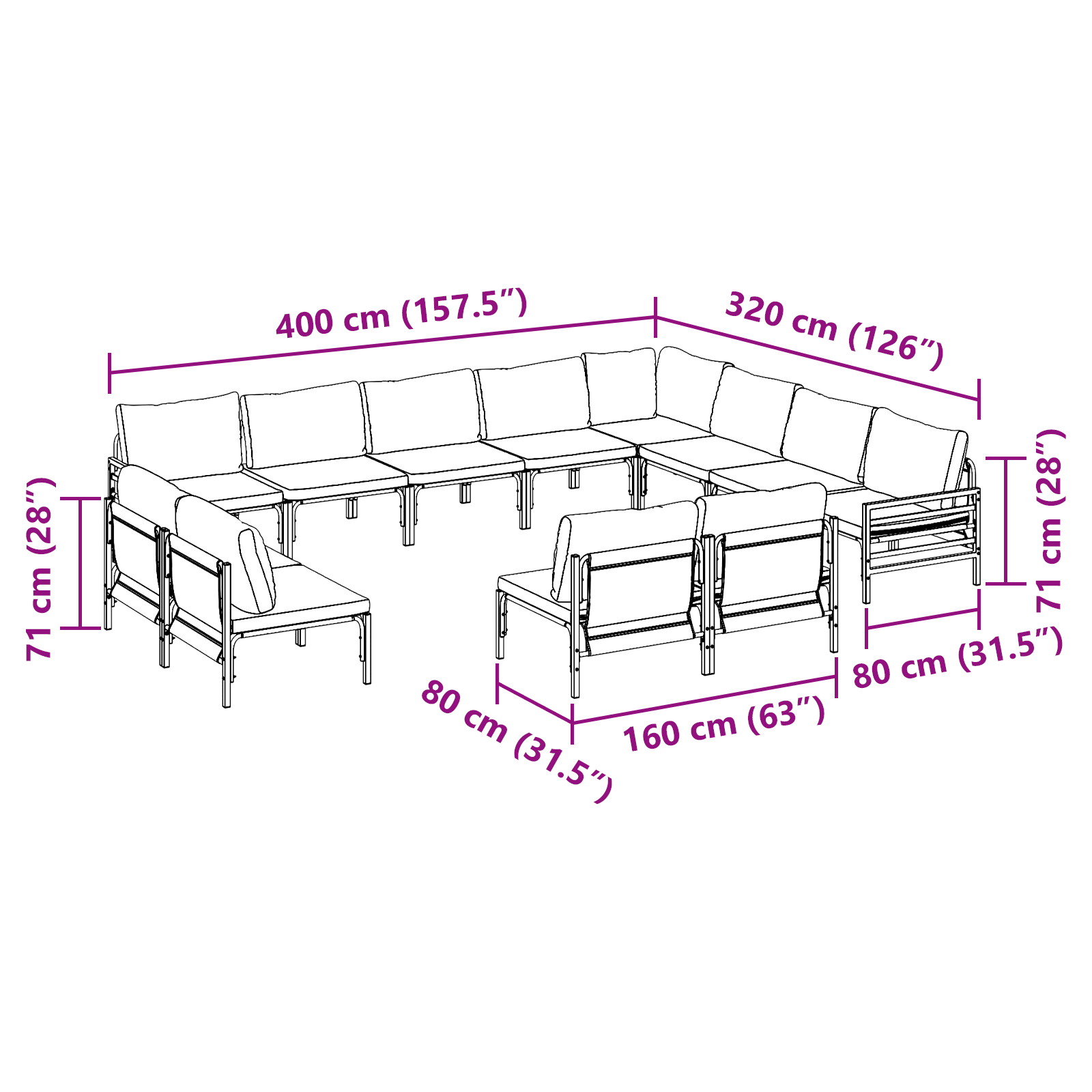 Hagesofa Set 12 pcs Antrasitt Stål