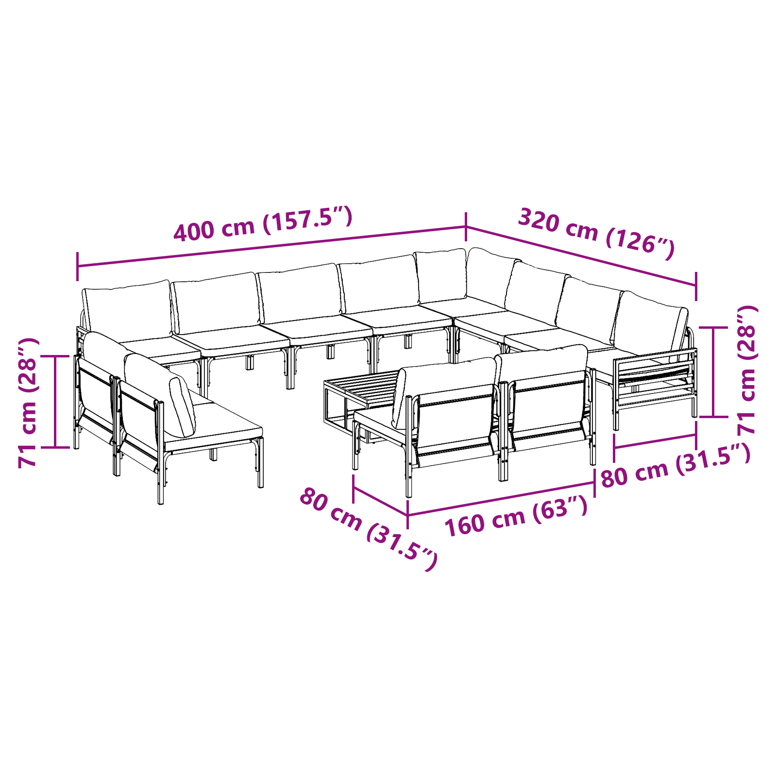 Hagesofa Set 13 pcs Antrasitt Stål