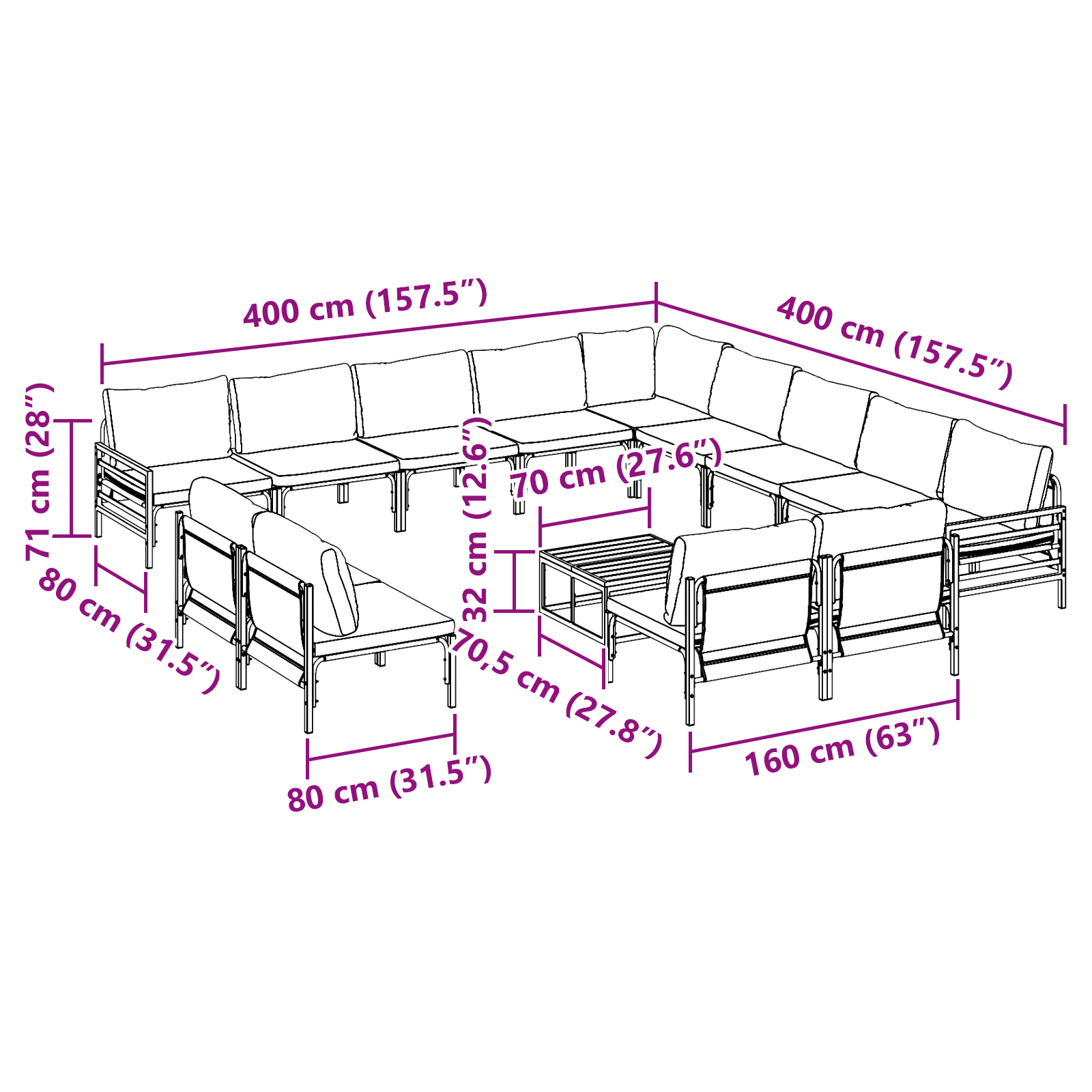 Hagesofa Set 14 pcs Antrasitt Stål