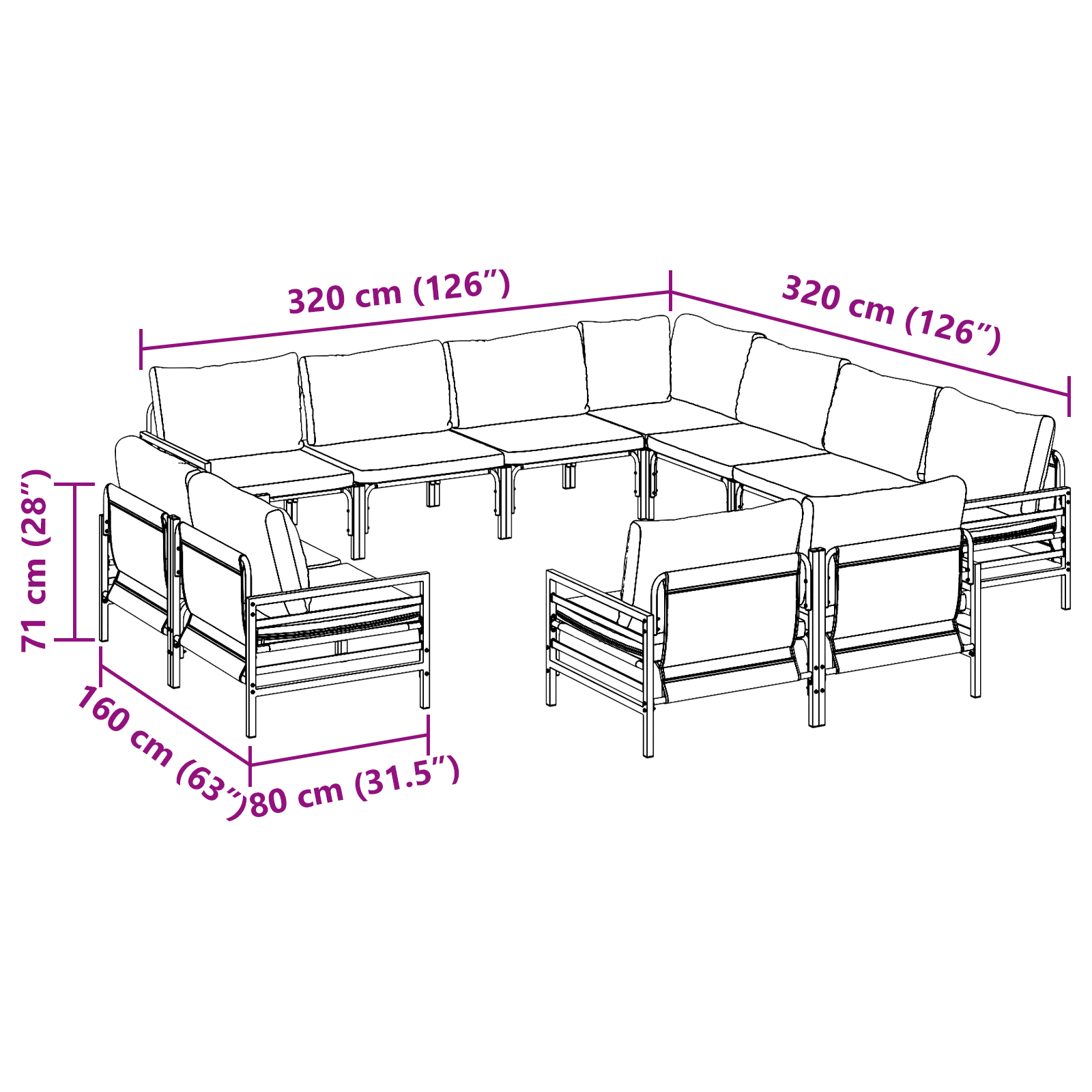 Hagesofa Set 11 pcs Antrasitt Stål