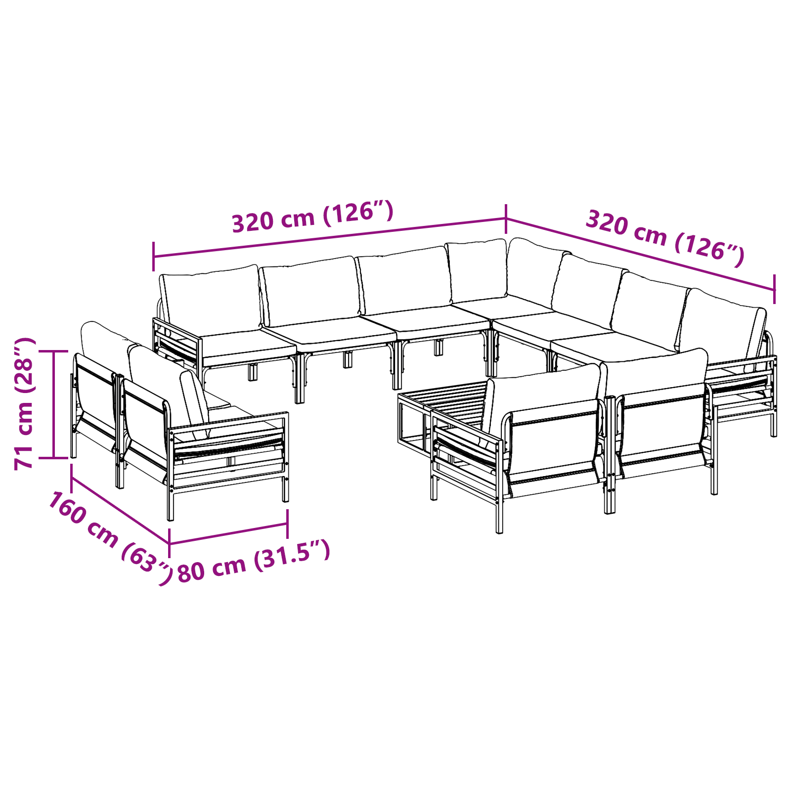 Hagesofa Set 12 pcs Antrasitt Stål