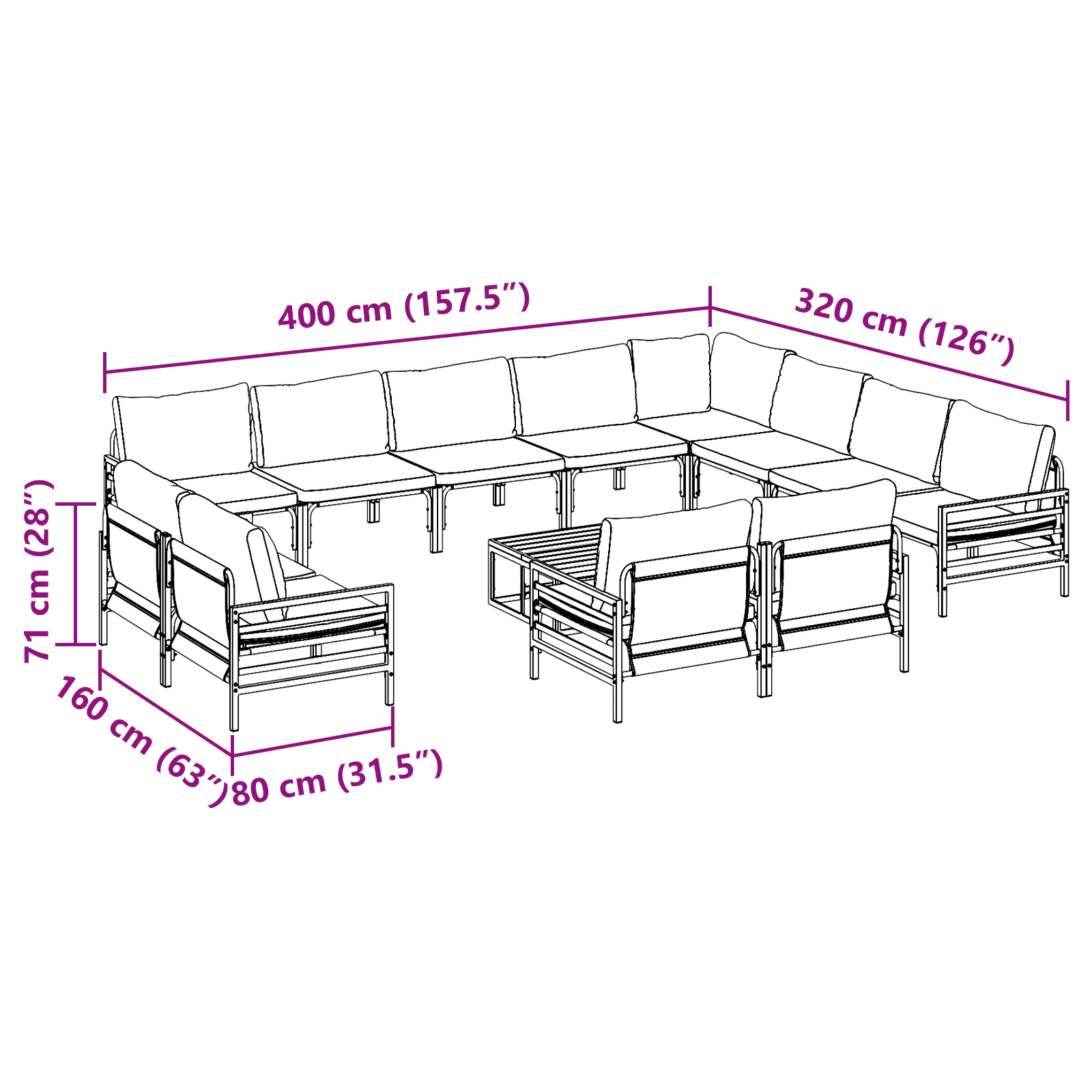 Hagesofa Set 13 pcs Antrasitt Stål