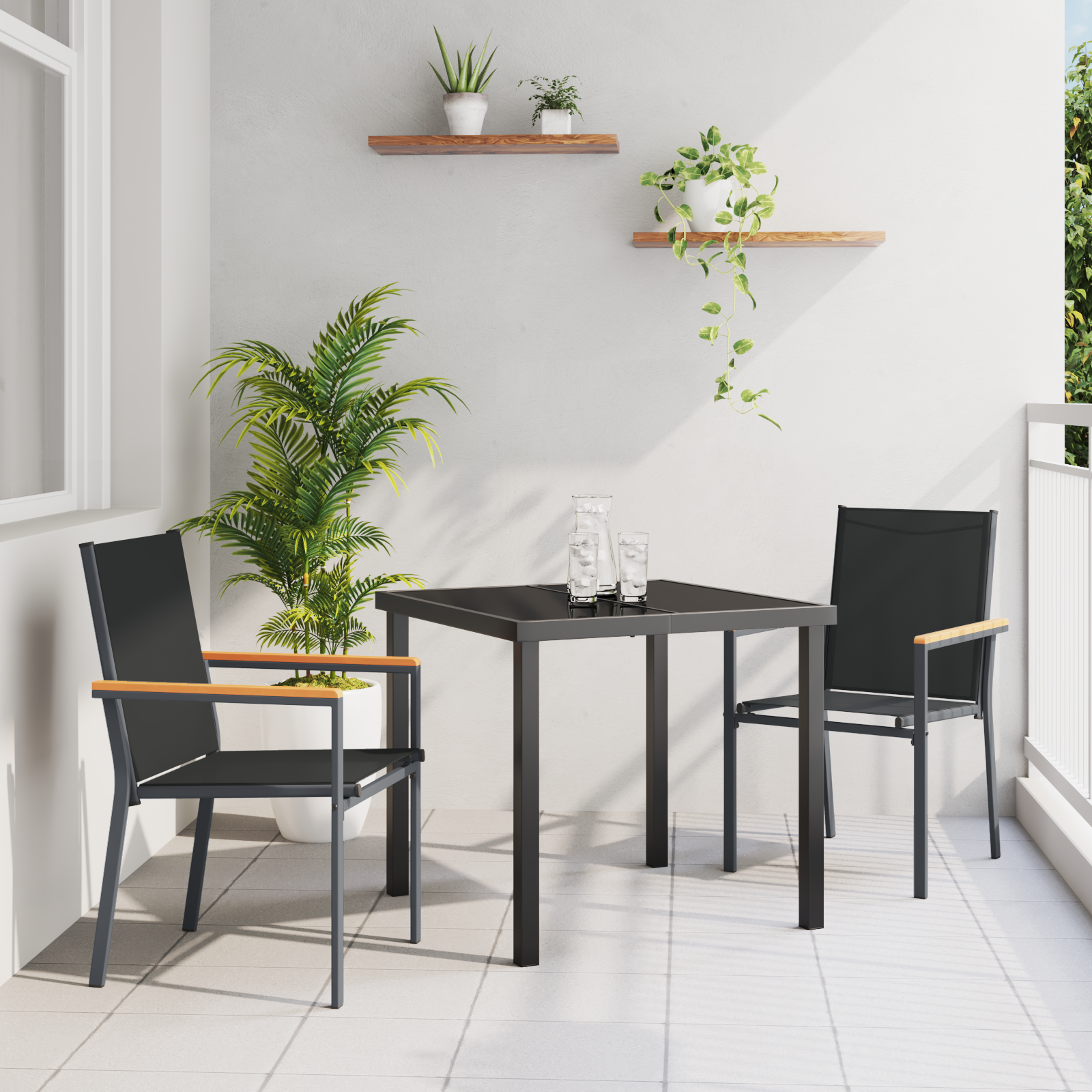 3 Delt Hage Spisesett Svart Textilene og Stål