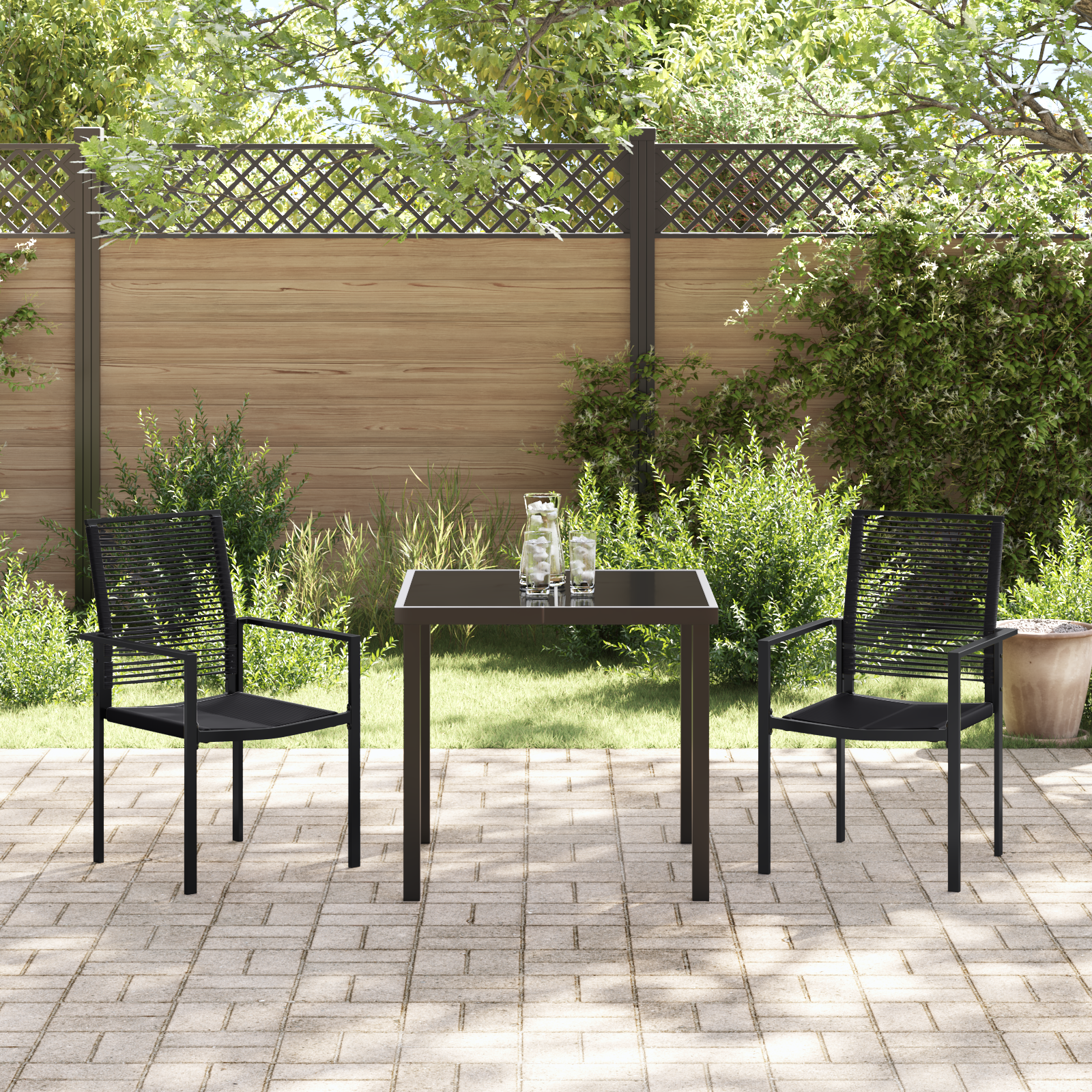 3 Delt Hage Spisebord Set Svart PVC Flekk