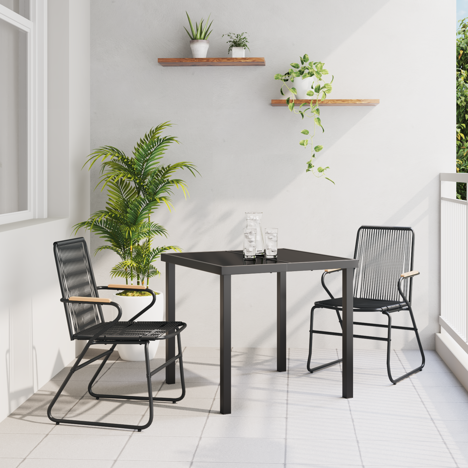 3-delt hage spisebordsett svart PVC rattan