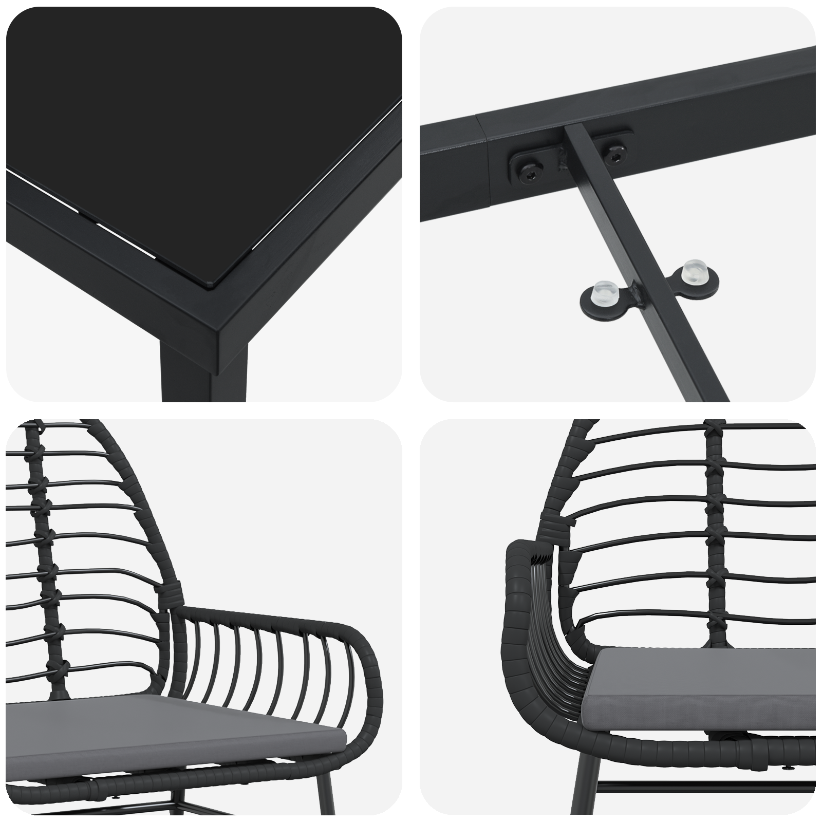 3 Delt Hage Spisestue Sett med Puter Svart Poly Rattan