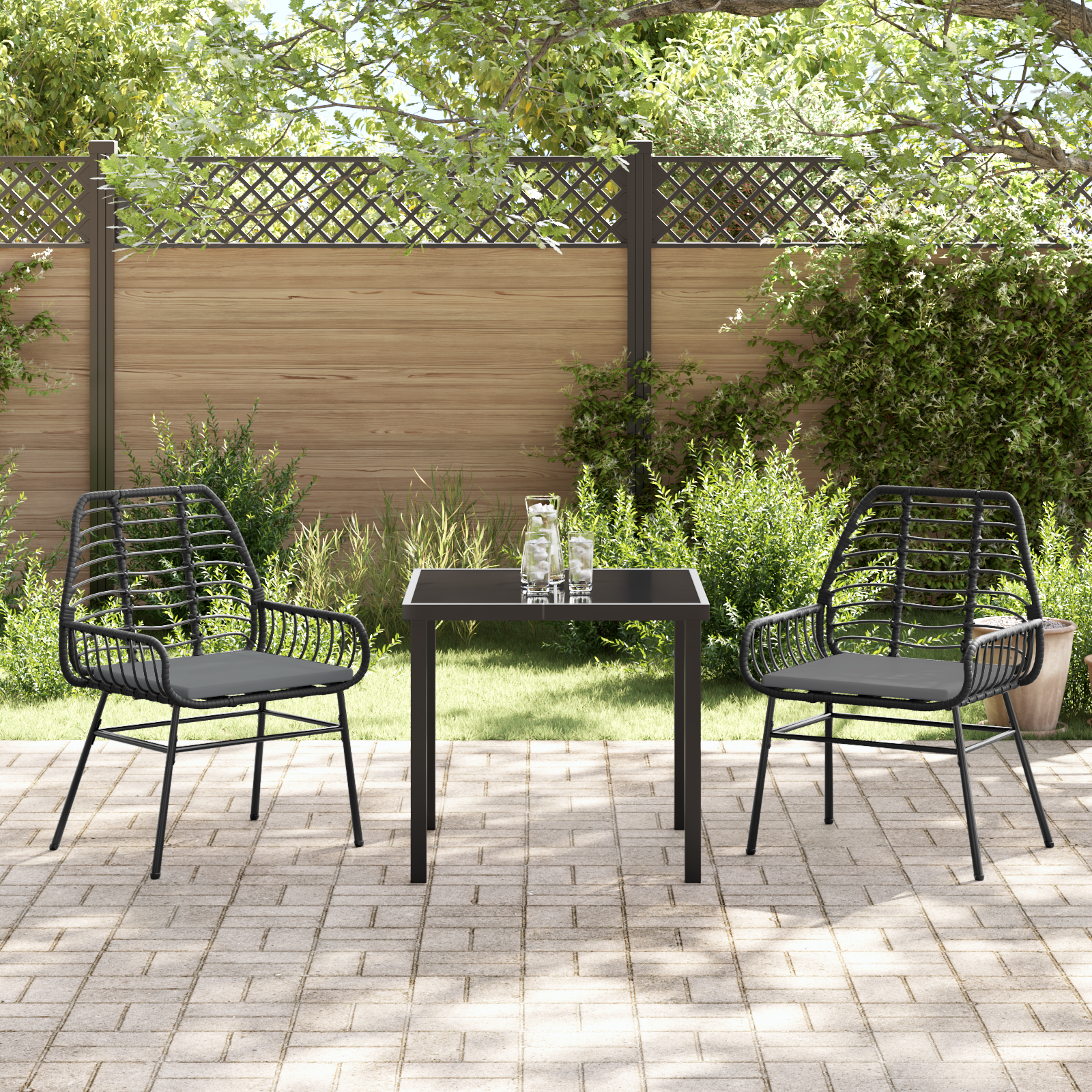 3 Delt Hage Spisestue Sett med Puter Svart Poly Rattan
