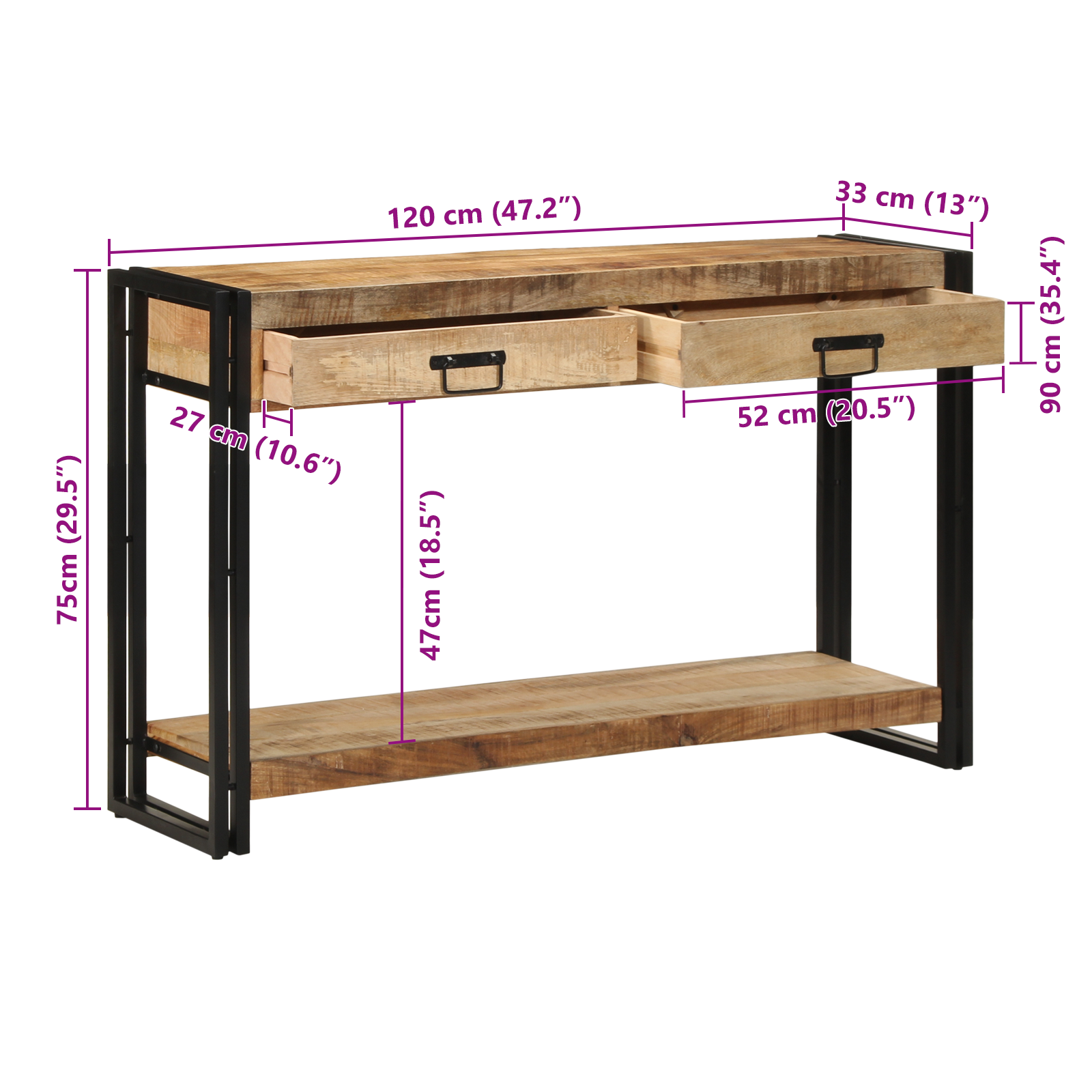 Konsollbord 120x33x75 cm Solid Rått Mangotre