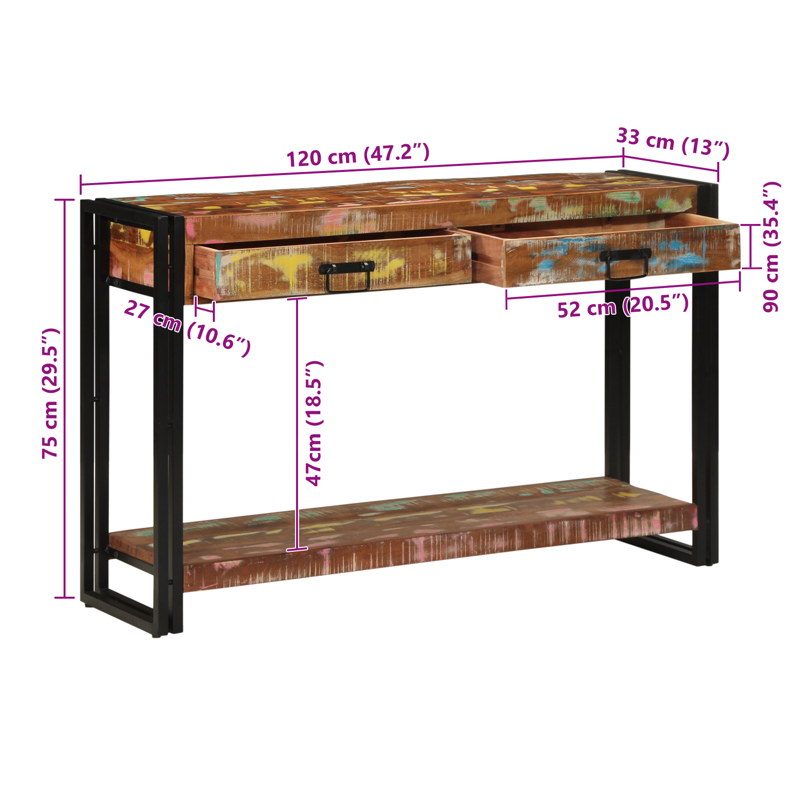 Konsollbord Flerfarget 120x33x75 cm Solid Gjenvunnet Tre
