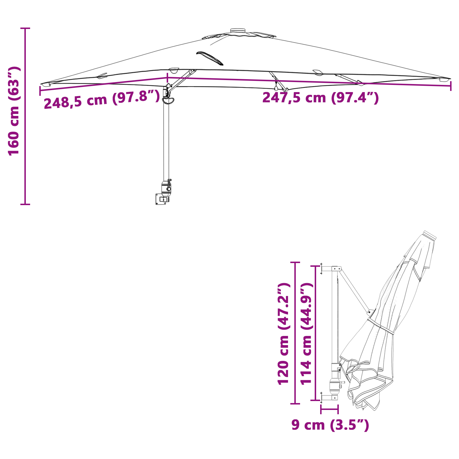 Hageparasol Vinrød 248.5 x 247.5 x 160 cm stoff