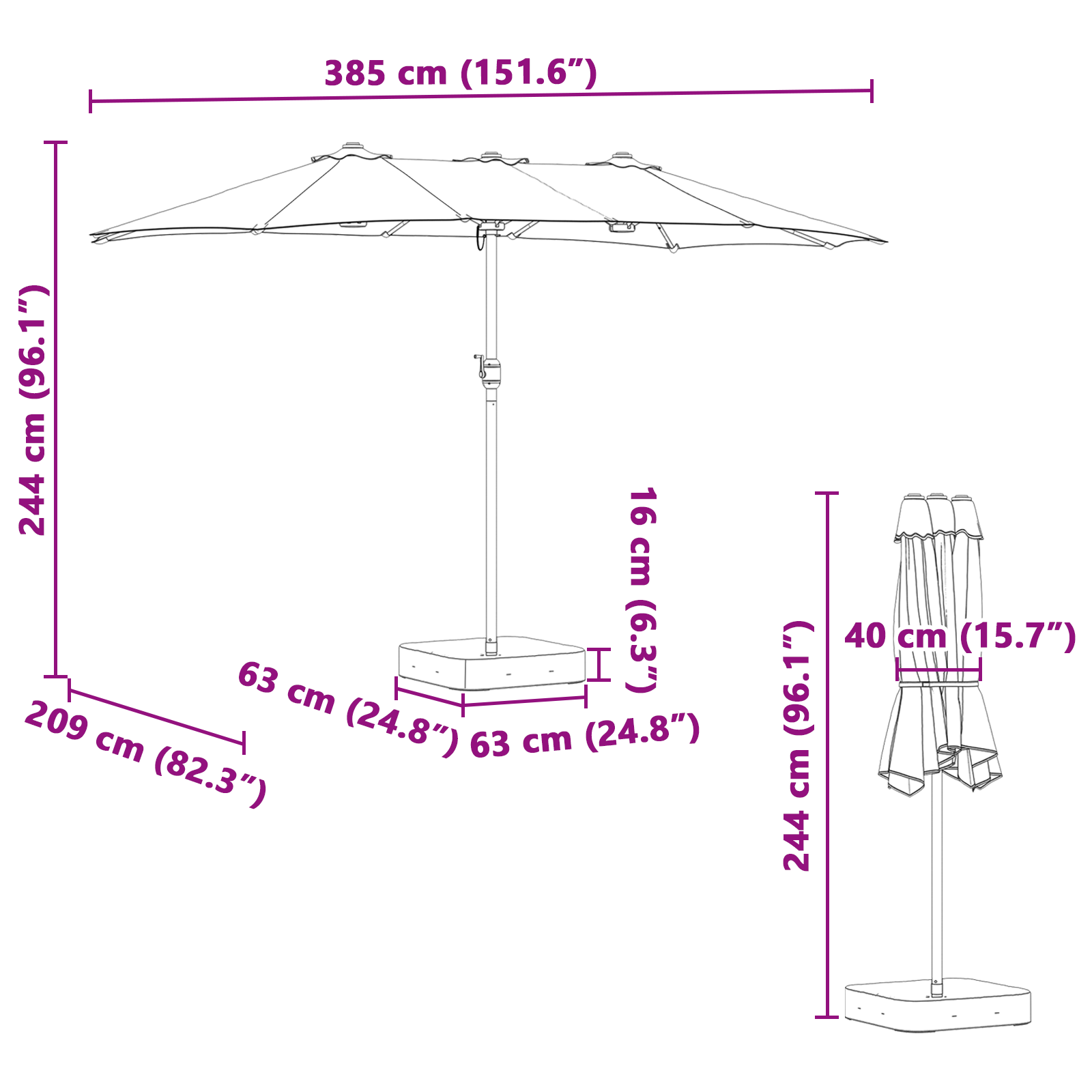 Hageparasol Vinrød 385 x 209 x 244 cm stoff