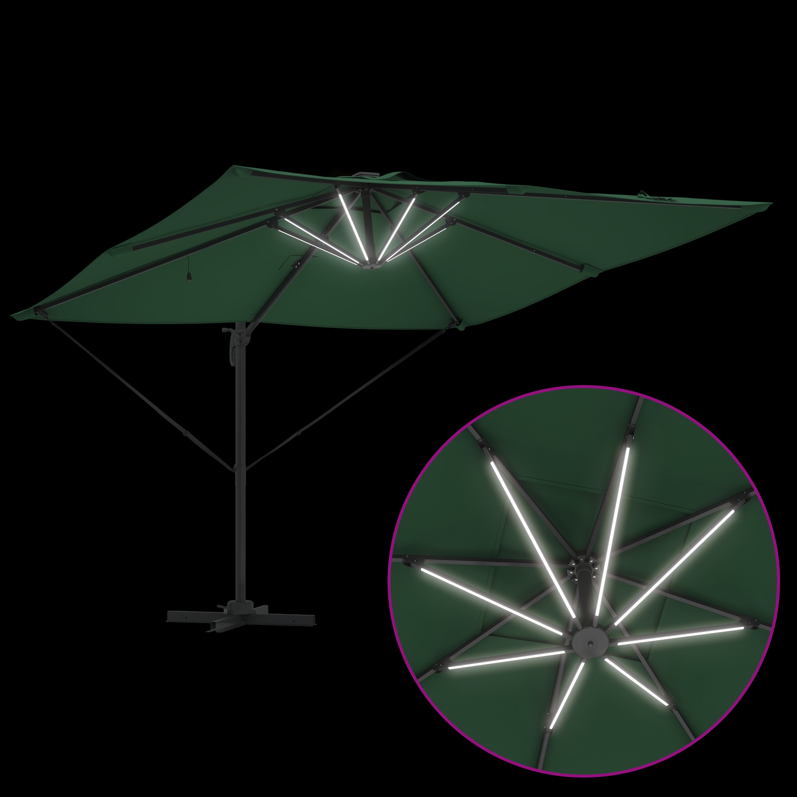 Cantilever Roma parasoll med LED-grønn 286x285x270 cm Aluminium