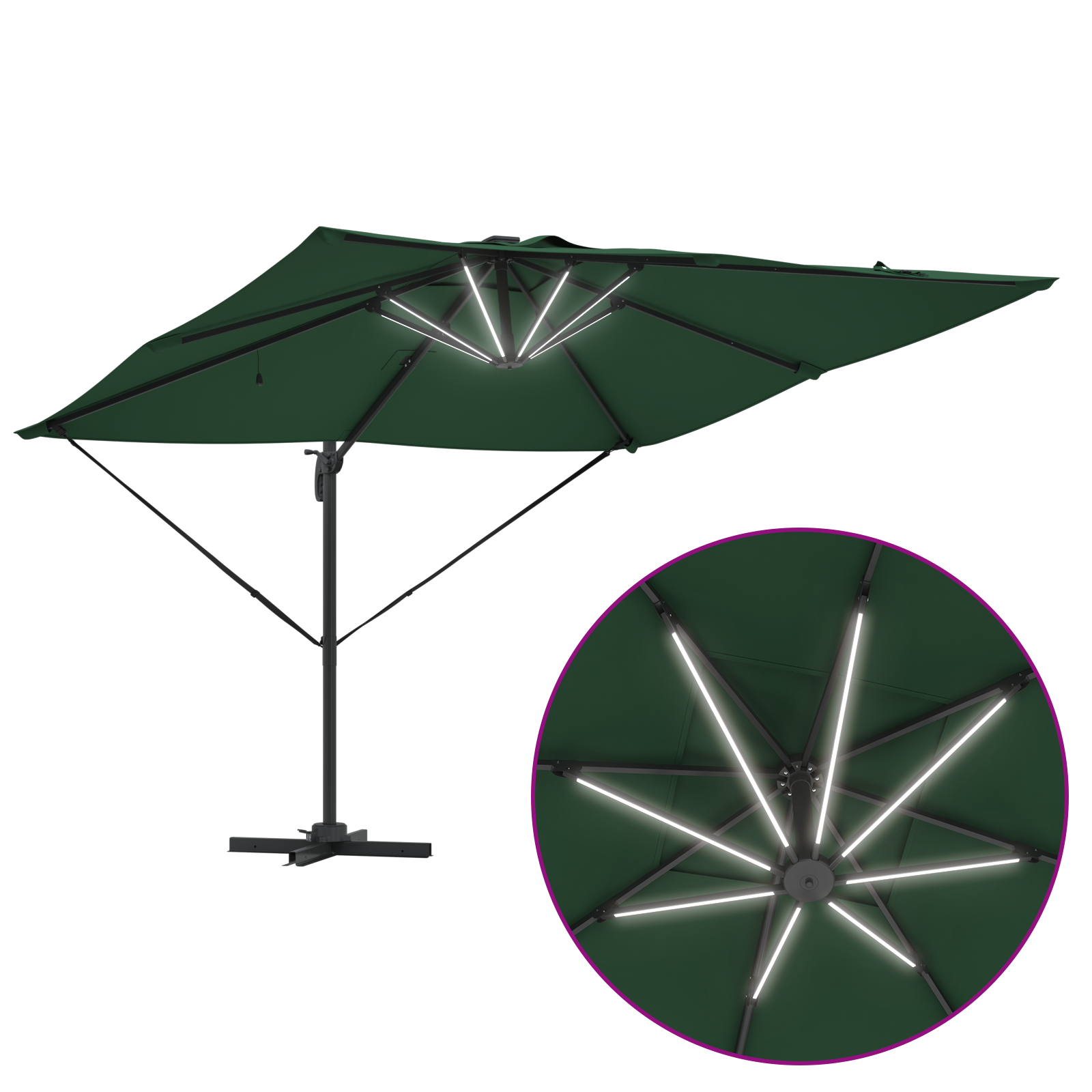 Cantilever Roma parasoll med LED-grønn 286x285x270 cm Aluminium