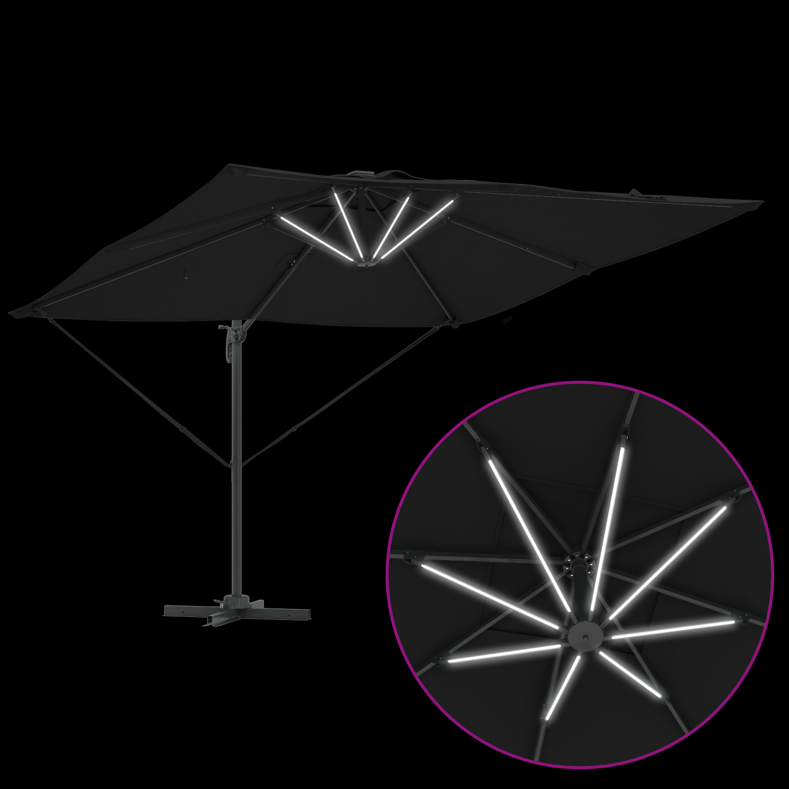 Cantilever Roma parasoll med LED-lamper svart 286x285x270 cm Aluminium