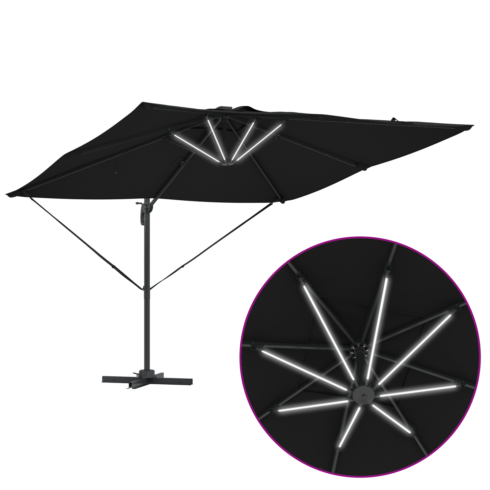Cantilever Roma parasoll med LED-lamper svart 286x285x270 cm Aluminium