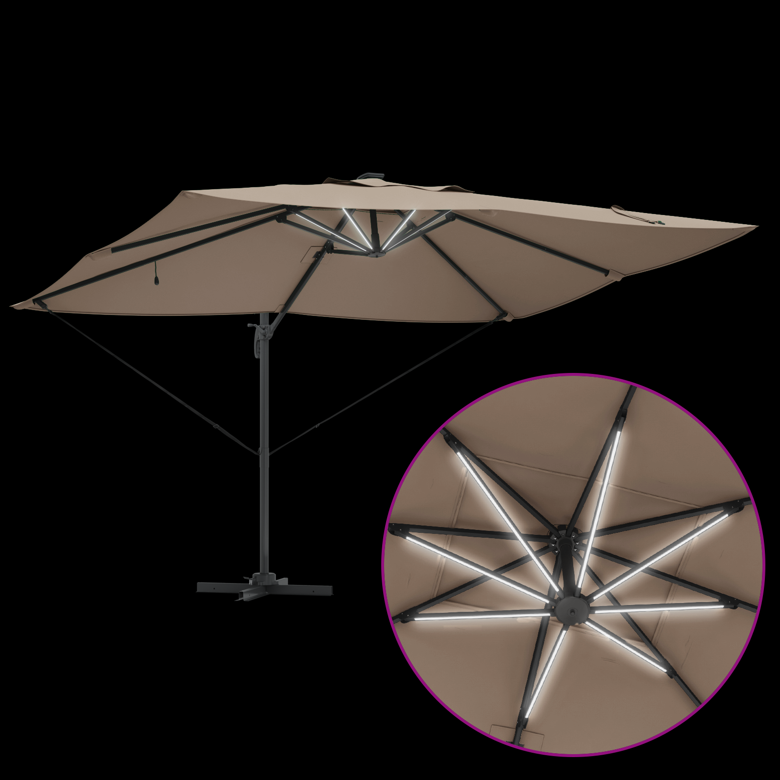 Cantilever Roma Parasol med LED Lys Taupe 352x251x265 cm Aluminium