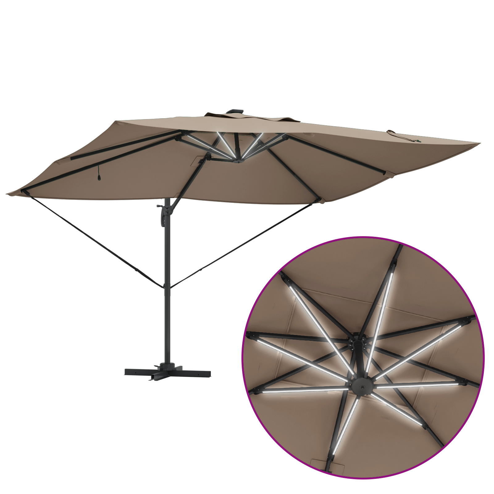 Cantilever Roma Parasol med LED Lys Taupe 352x251x265 cm Aluminium