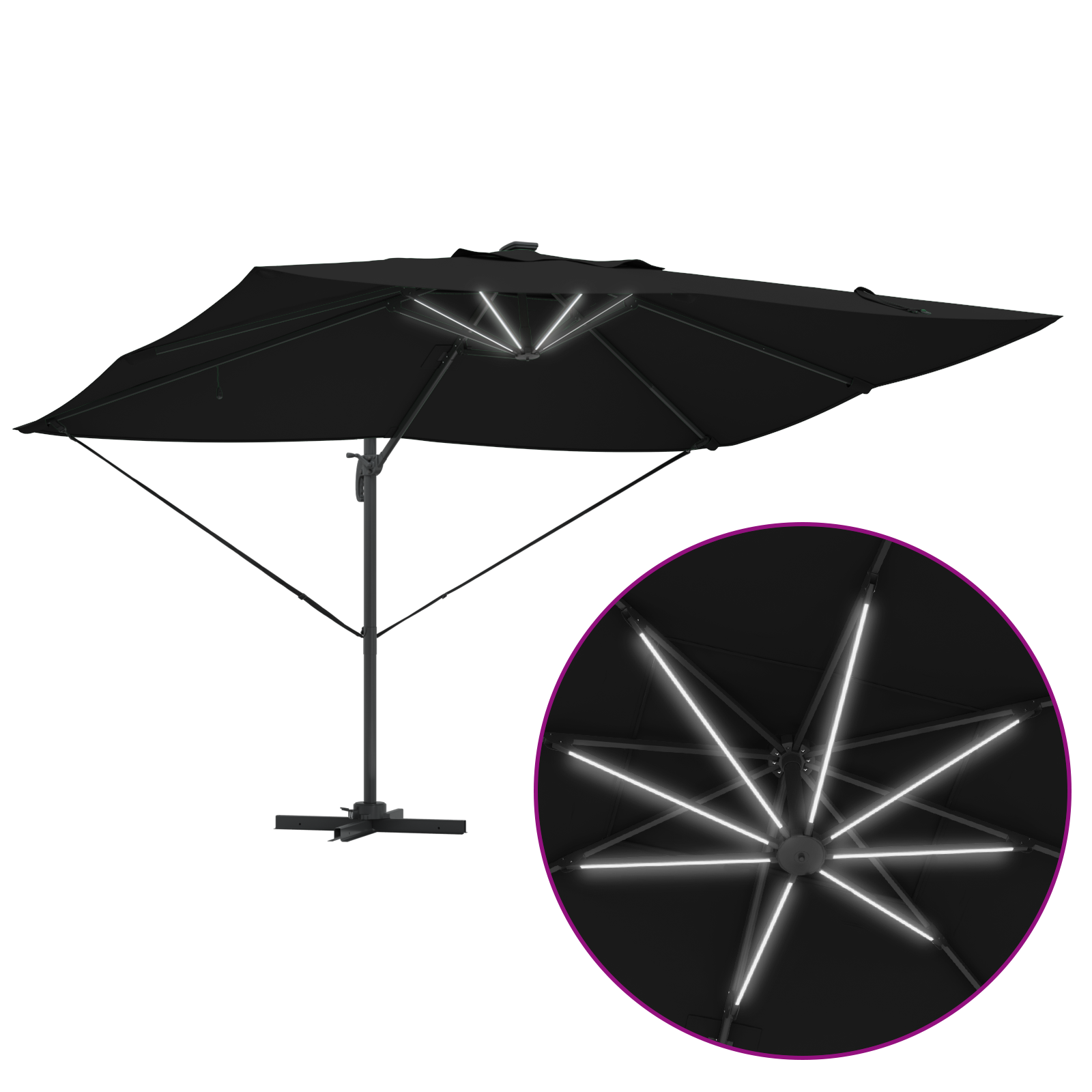 Cantilever Roma-parasoll med LED lys Svart 352x251x265 cm Aluminium
