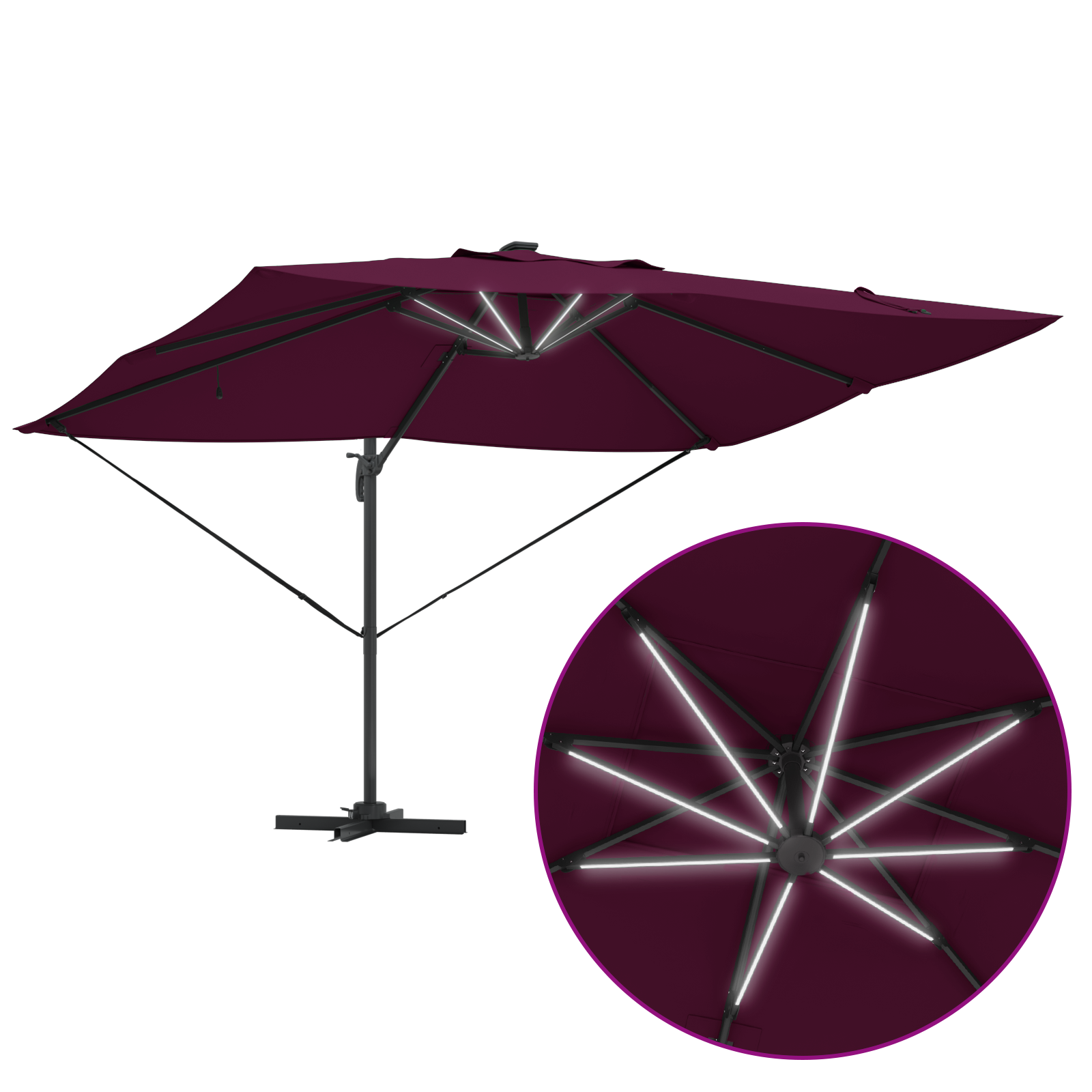 Cantilever Roma Parasol med LED i Bordeaux-rød 352x251x265 cm Aluminium