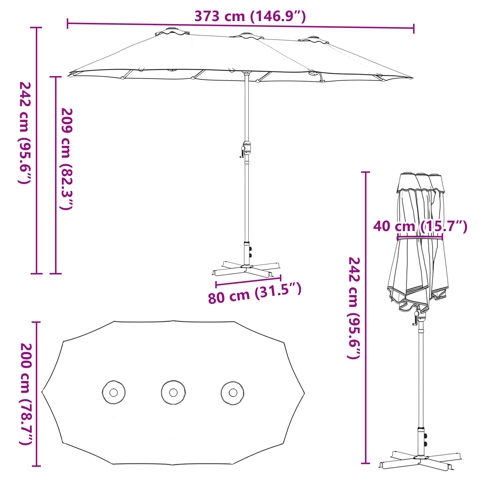 Hageparasol Svart 380 x 196 x 235 cm Pulverlakkert stål