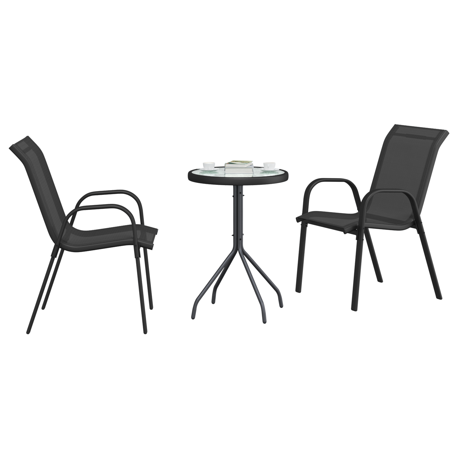 3-delt hage bistro-sett i svart textilene og stål