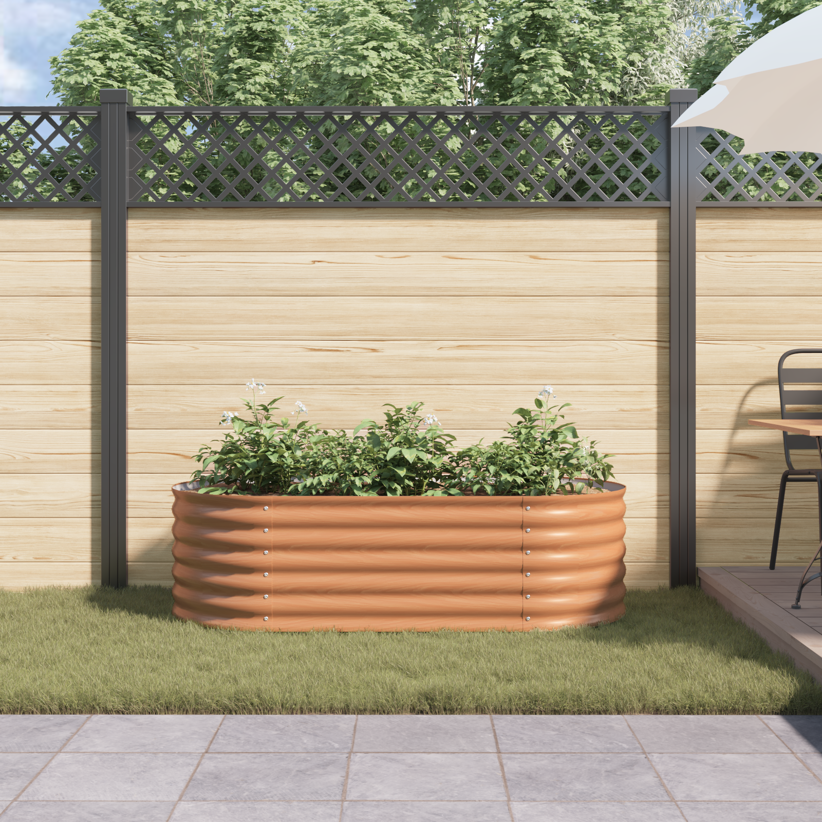 Brun hevet hagebed med trelook 160x80x44 cm stål