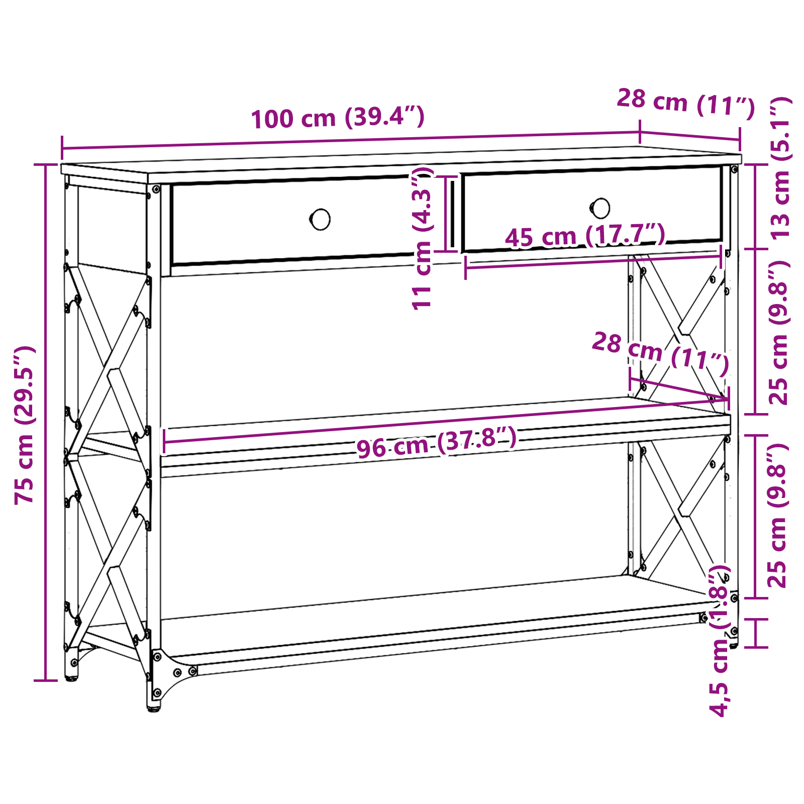 Konsollbord Gamle Tre 100x28x75 cm Ingeniørtre og Stål